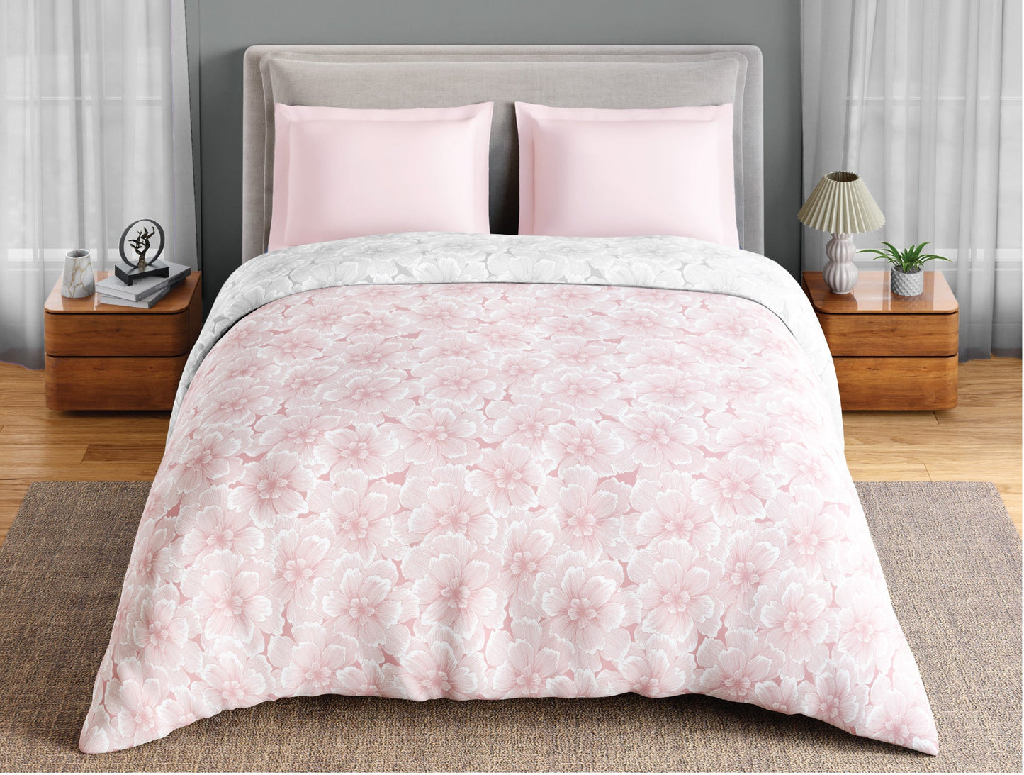 Spaces Fiora 100% Cotton 144 TC Percale Floral Premium Double Duvet Cover, Blush