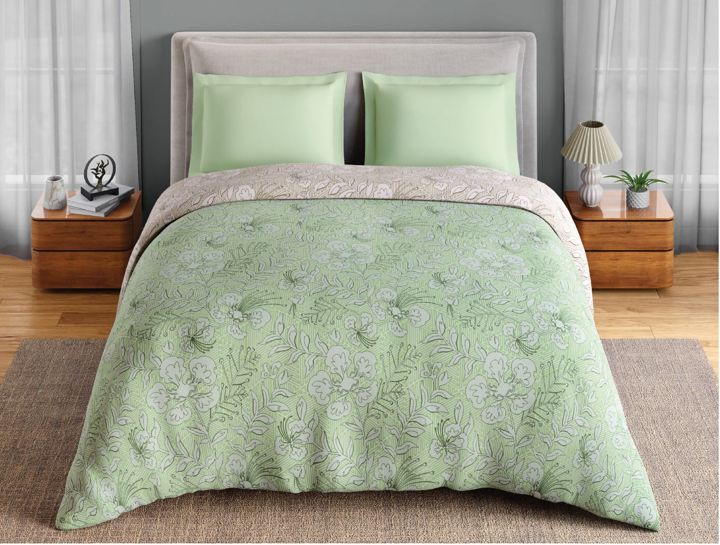 Spaces Fiora 100% Cotton 144 TC Percale Floral Premium Double Duvet Cover, Light Green