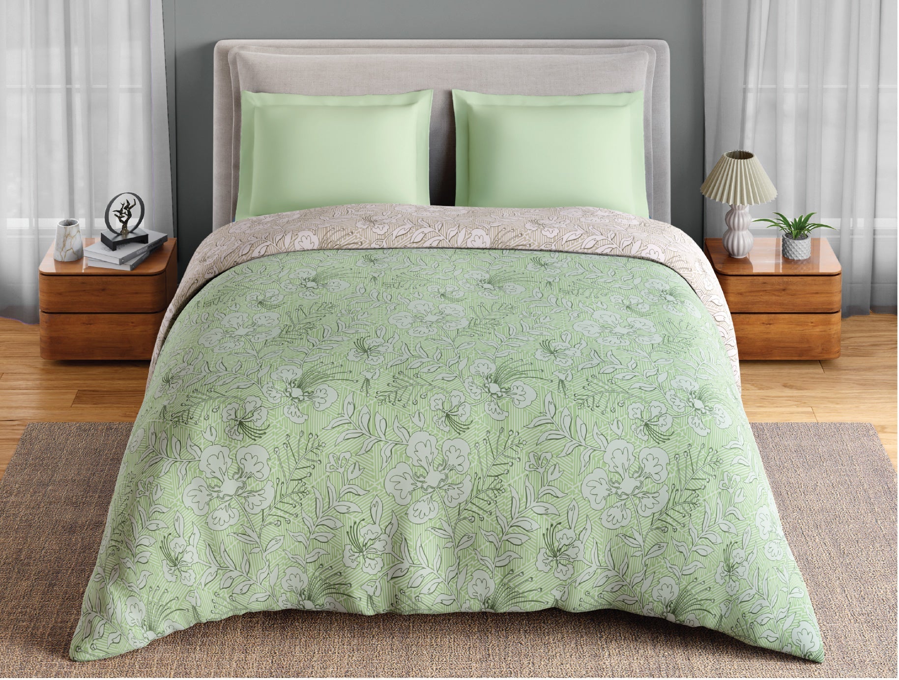 Spaces Fiora 100% Cotton 144 TC Percale Floral Premium Double Duvet Cover, Light Green