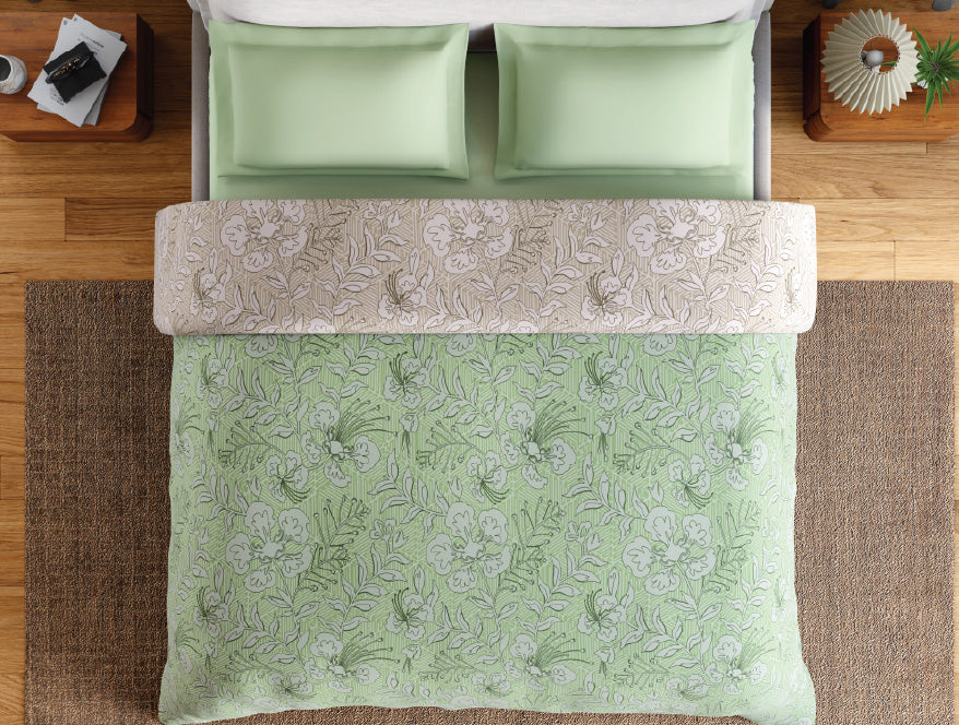Spaces Fiora 100% Cotton 144 TC Percale Floral Premium Double Duvet Cover, Light Green