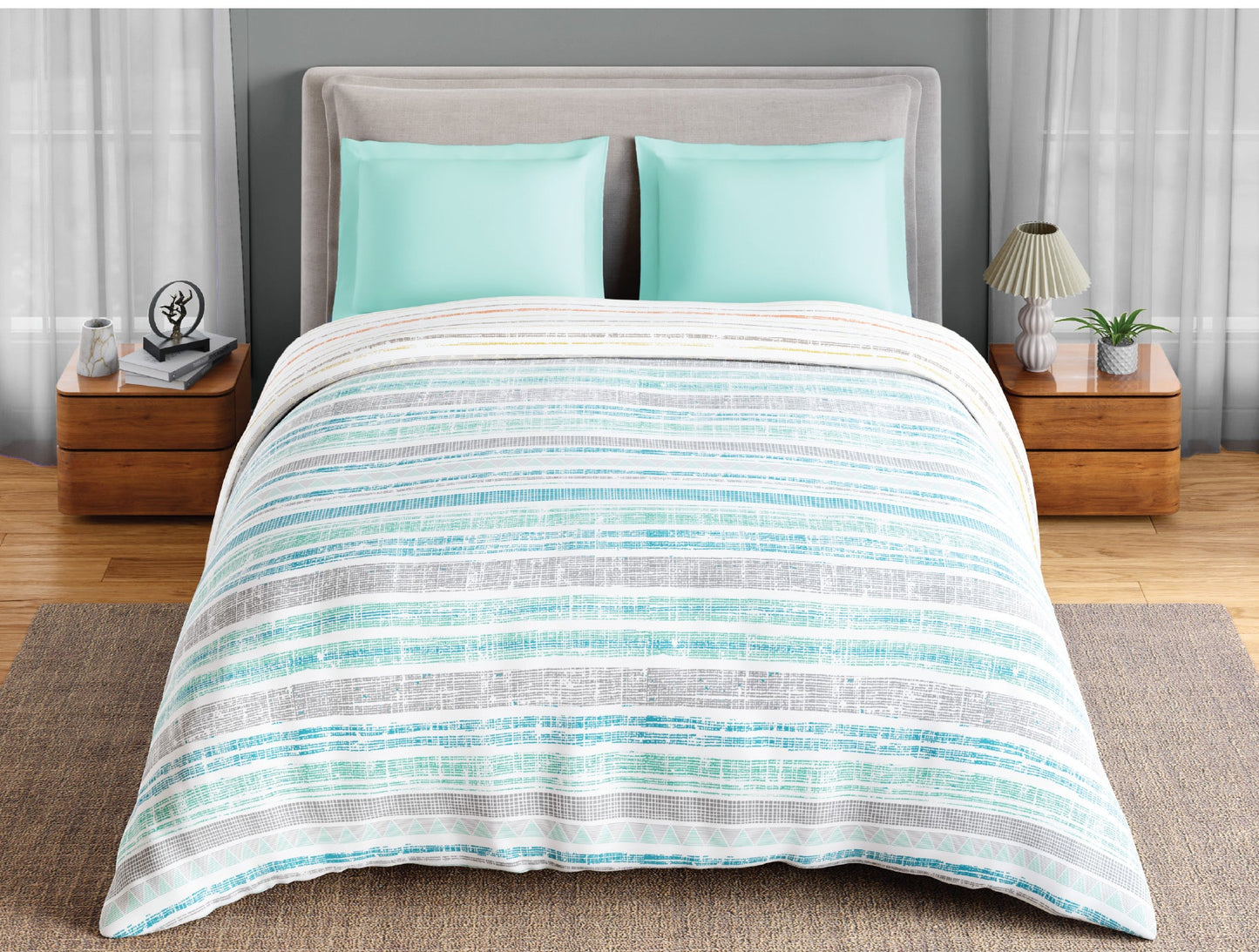Spaces Fiora 100% Cotton 144 TC Percale Geometric Premium Double Duvet Cover, Aqua
