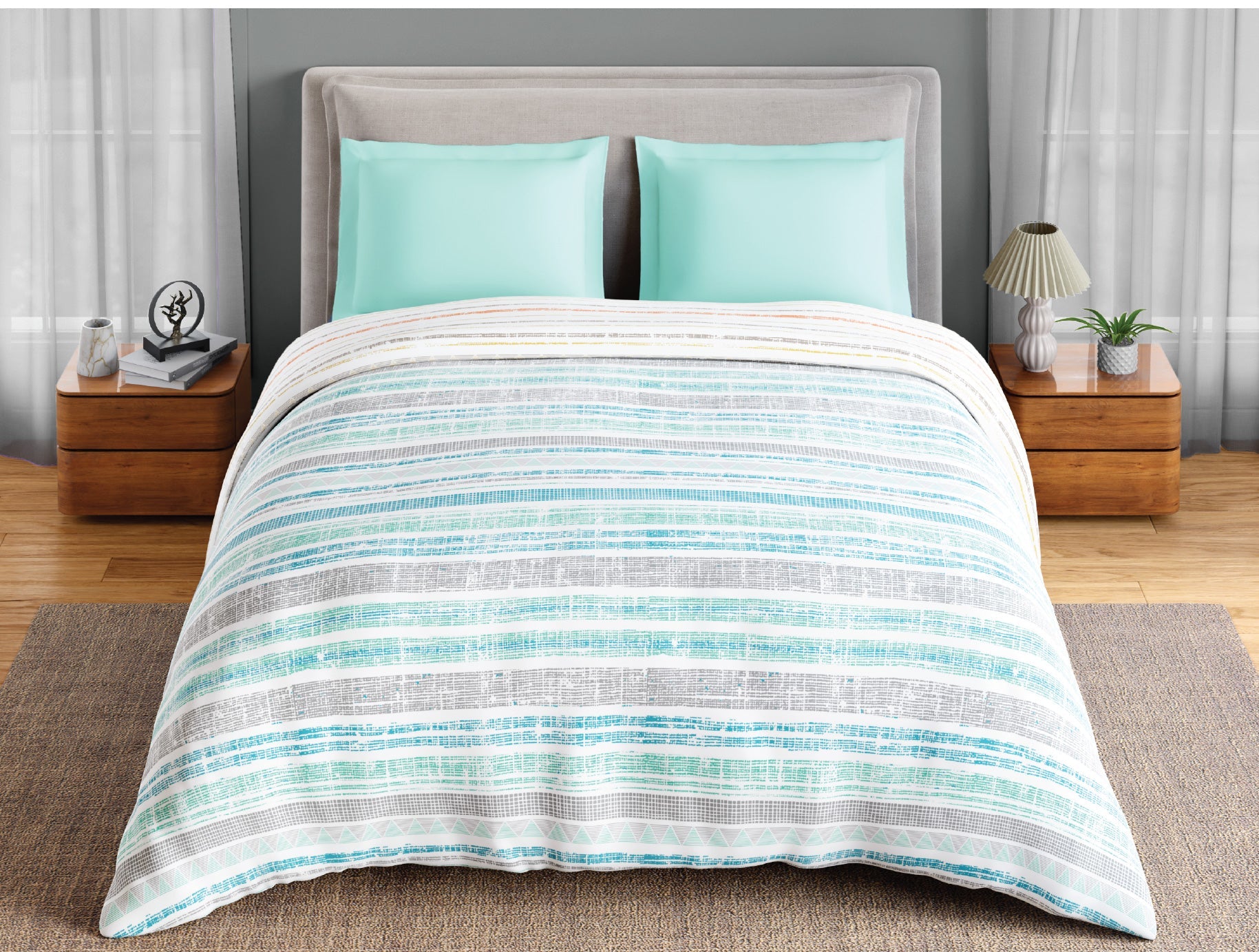 Spaces Fiora 100% Cotton 144 TC Percale Geometric Premium Double Duvet Cover, Aqua