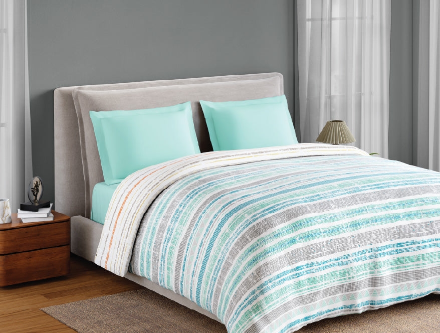 Spaces Fiora 100% Cotton 144 TC Percale Geometric Premium Double Duvet Cover, Aqua