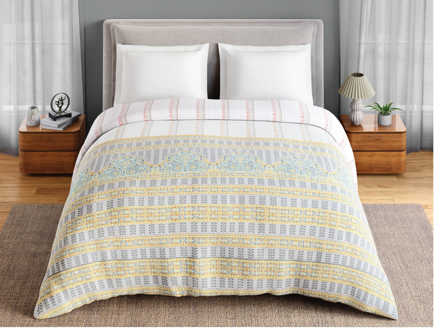 Spaces Fiora 100% Cotton 144 TC Percale Ornate Premium Double Duvet Cover, Light Grey