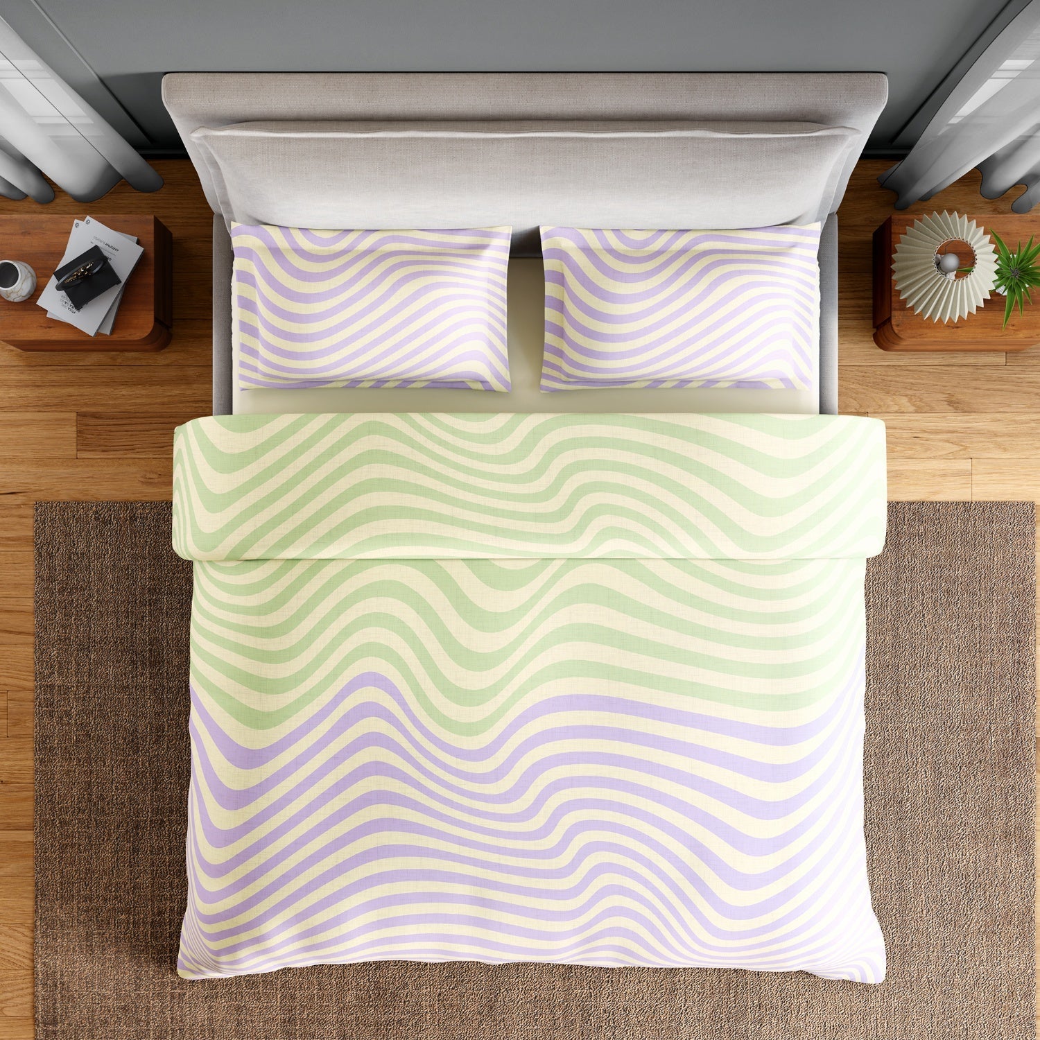 Spaces Neo Paradox 100% Cotton 152 TC Percale Geometric Large Bedsheet with 2 Pillow Covers, Light Green and Light Pink