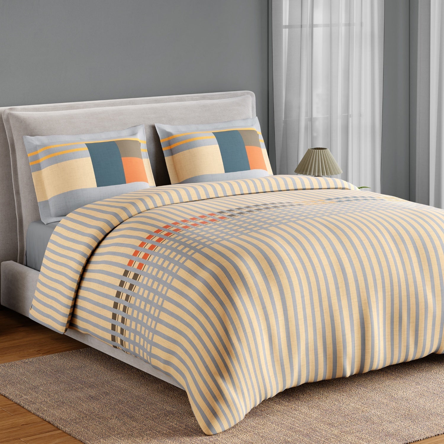 Spaces Neo Paradox 100% Cotton 152 TC Percale Geometric Large Bedsheet with 2 Pillow Covers, Light Yellow