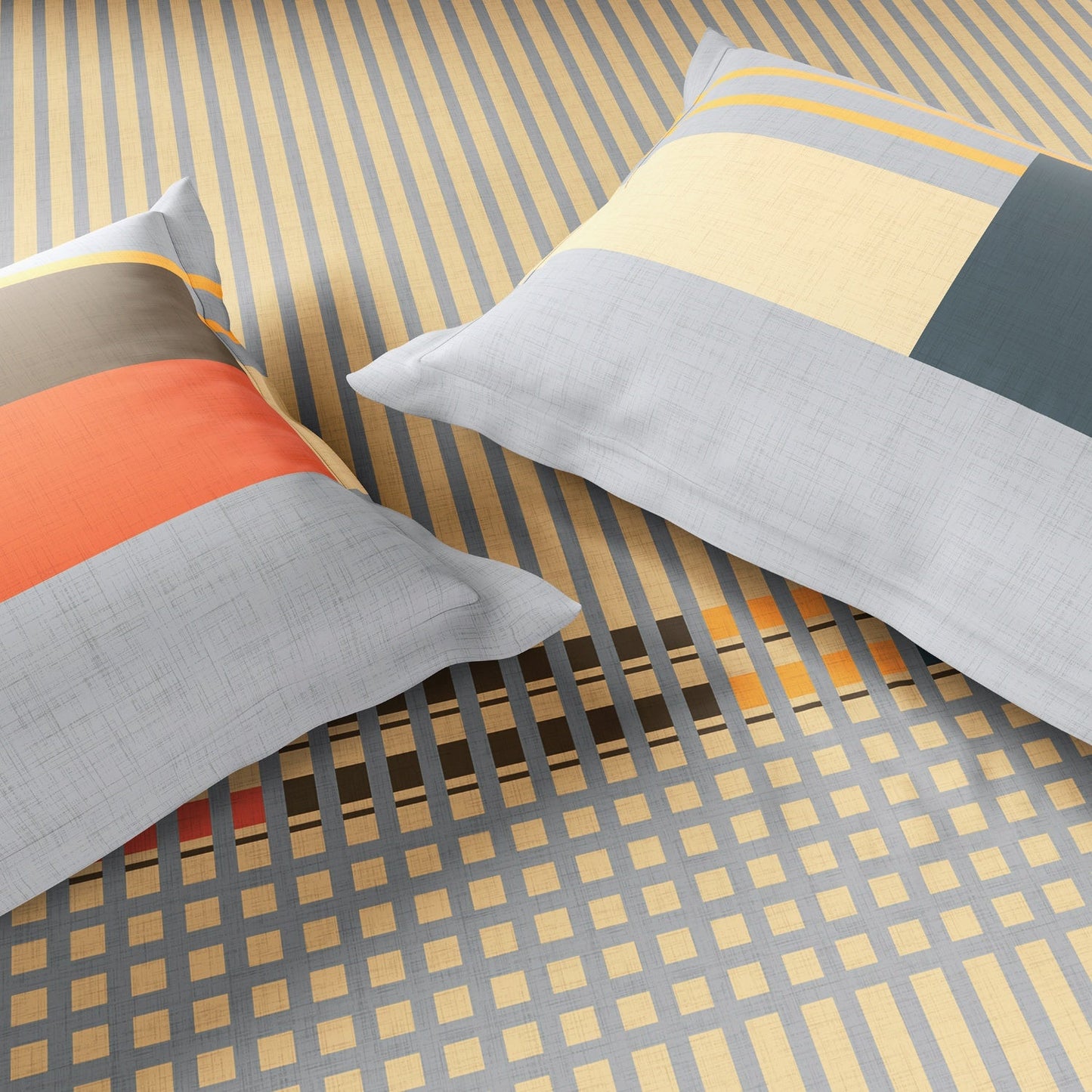 Spaces Neo Paradox 100% Cotton 152 TC Percale Geometric Large Bedsheet with 2 Pillow Covers, Light Yellow
