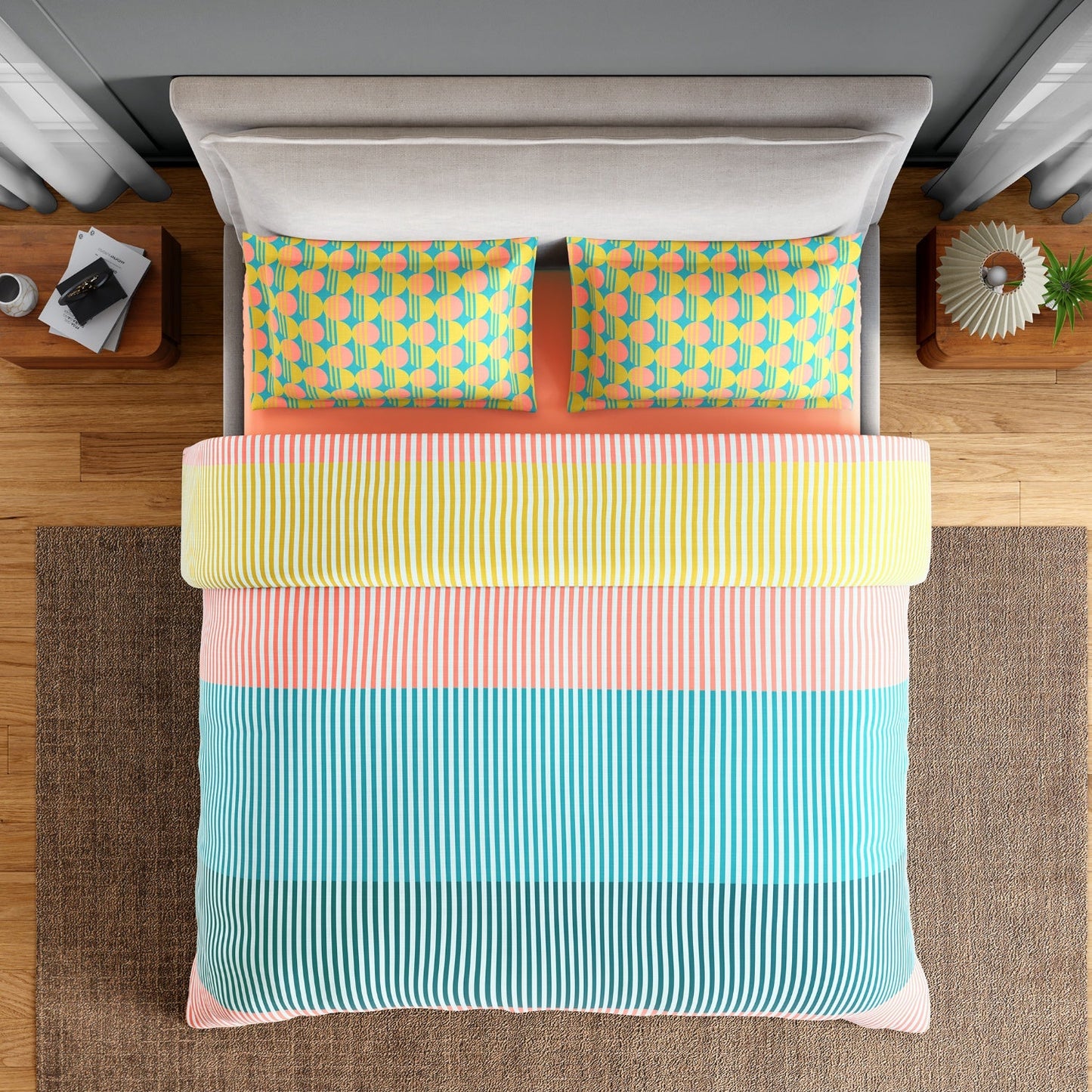 Spaces Neo Paradox 100% Cotton 152 TC Percale Geometric Large Bedsheet with 2 Pillow Covers, Coral