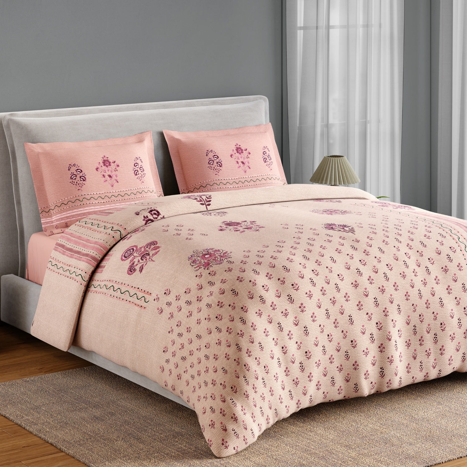 Spaces Neo Chaap 100% Cotton 152 TC Percale Floral Large Bedsheet with 2 Pillow Covers, Light Blush