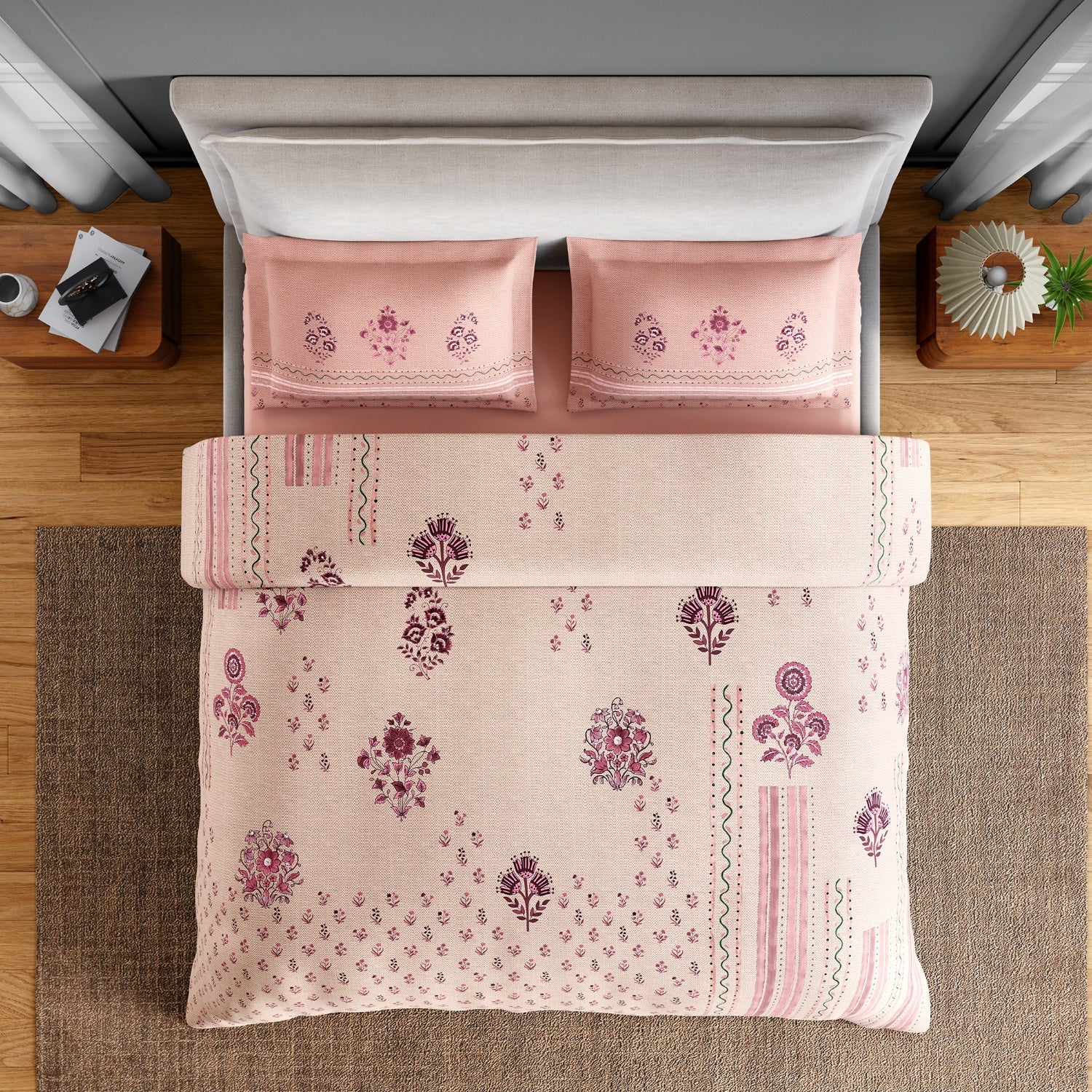Spaces Neo Chaap 100% Cotton 152 TC Percale Floral Large Bedsheet with 2 Pillow Covers, Light Blush