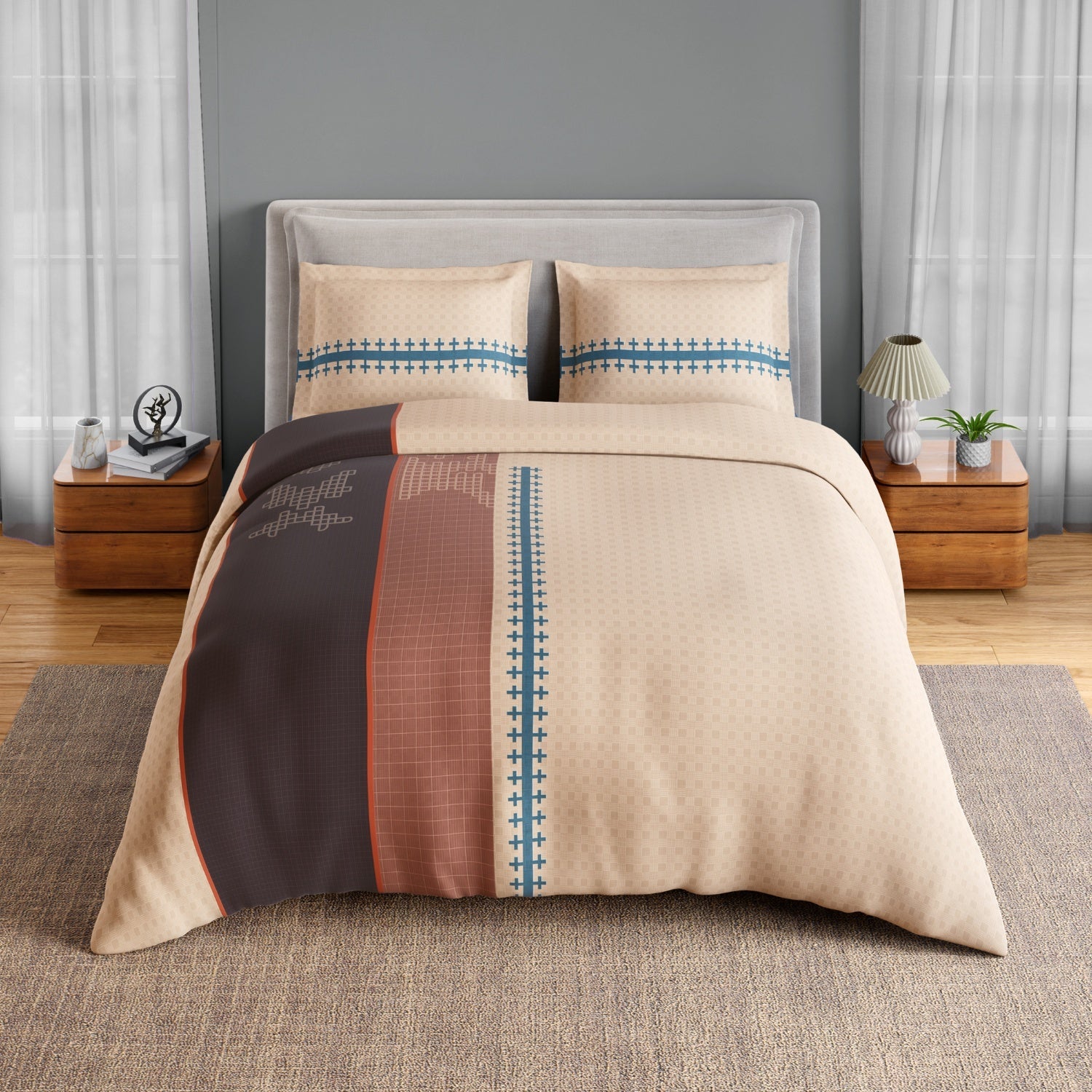 Spaces Neo Chaap 100% Cotton 152 TC Percale Ornate Large Bedsheet with 2 Pillow Covers, Beige