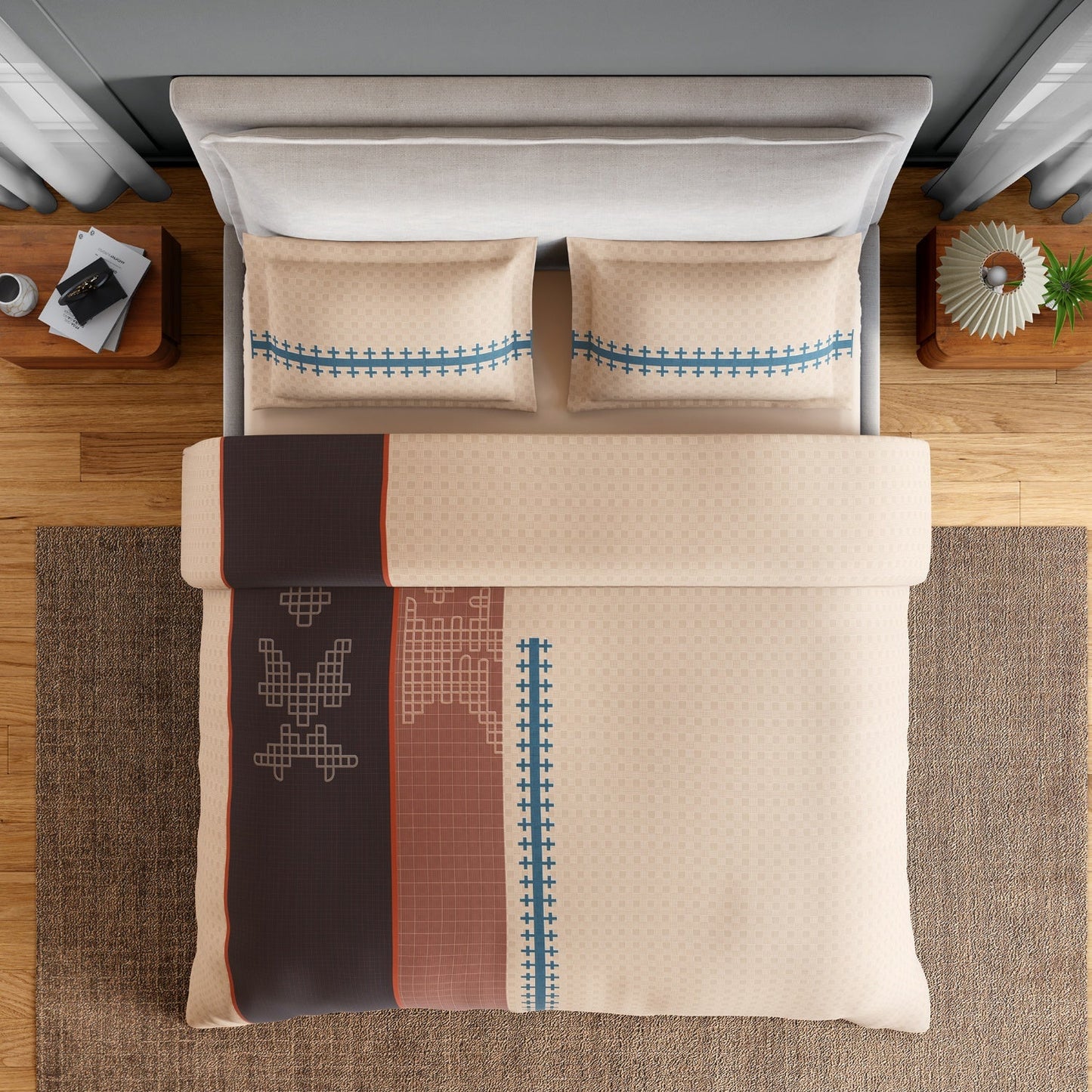 Spaces Neo Chaap 100% Cotton 152 TC Percale Ornate Large Bedsheet with 2 Pillow Covers, Beige