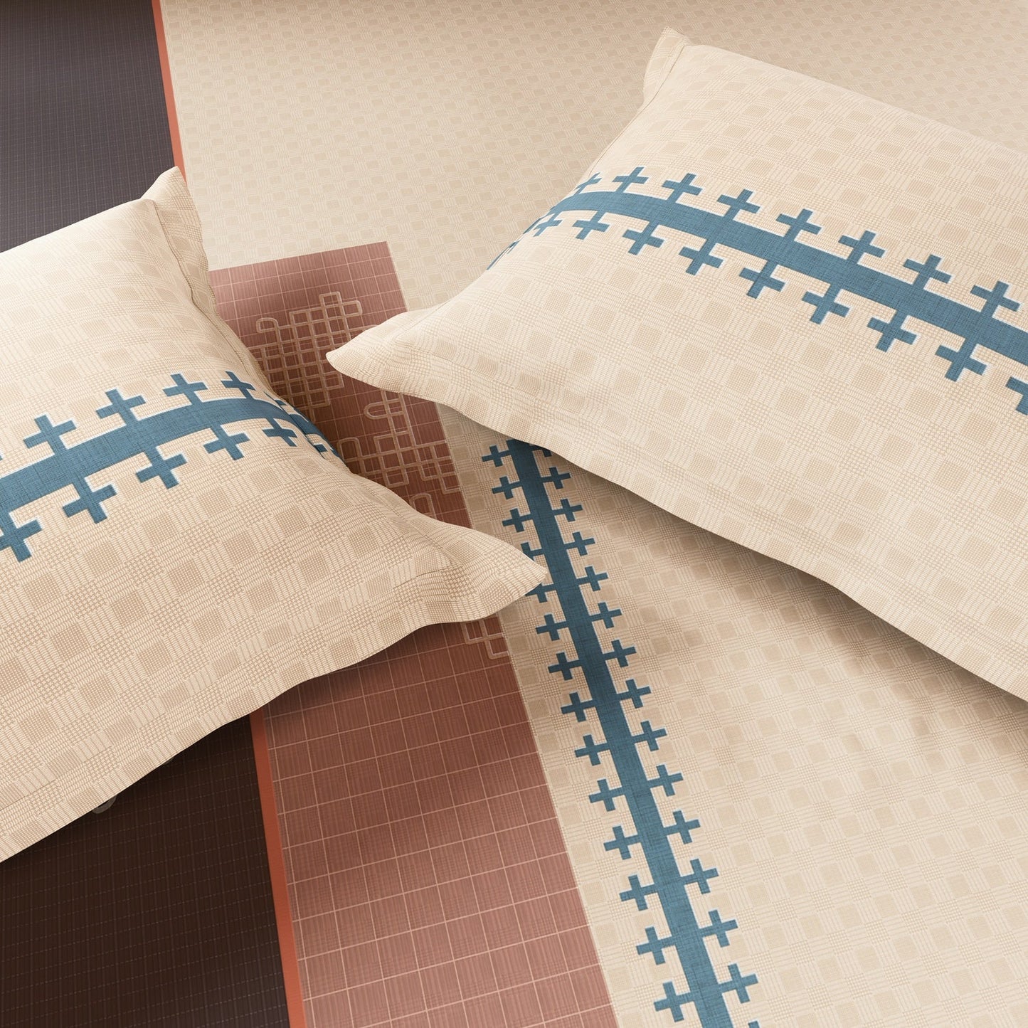Spaces Neo Chaap 100% Cotton 152 TC Percale Ornate Large Bedsheet with 2 Pillow Covers, Beige