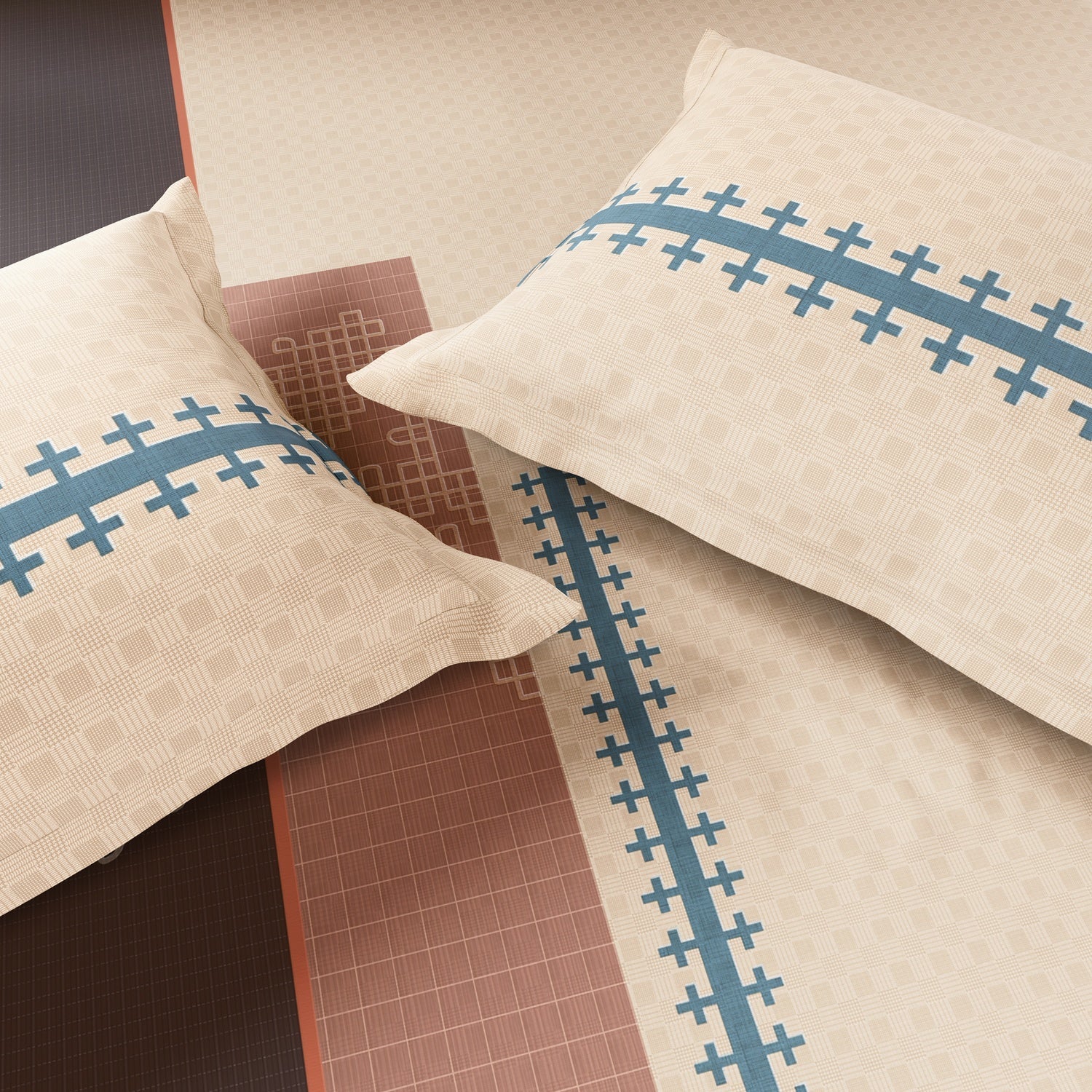 Spaces Neo Chaap 100% Cotton 152 TC Percale Ornate Large Bedsheet with 2 Pillow Covers, Beige