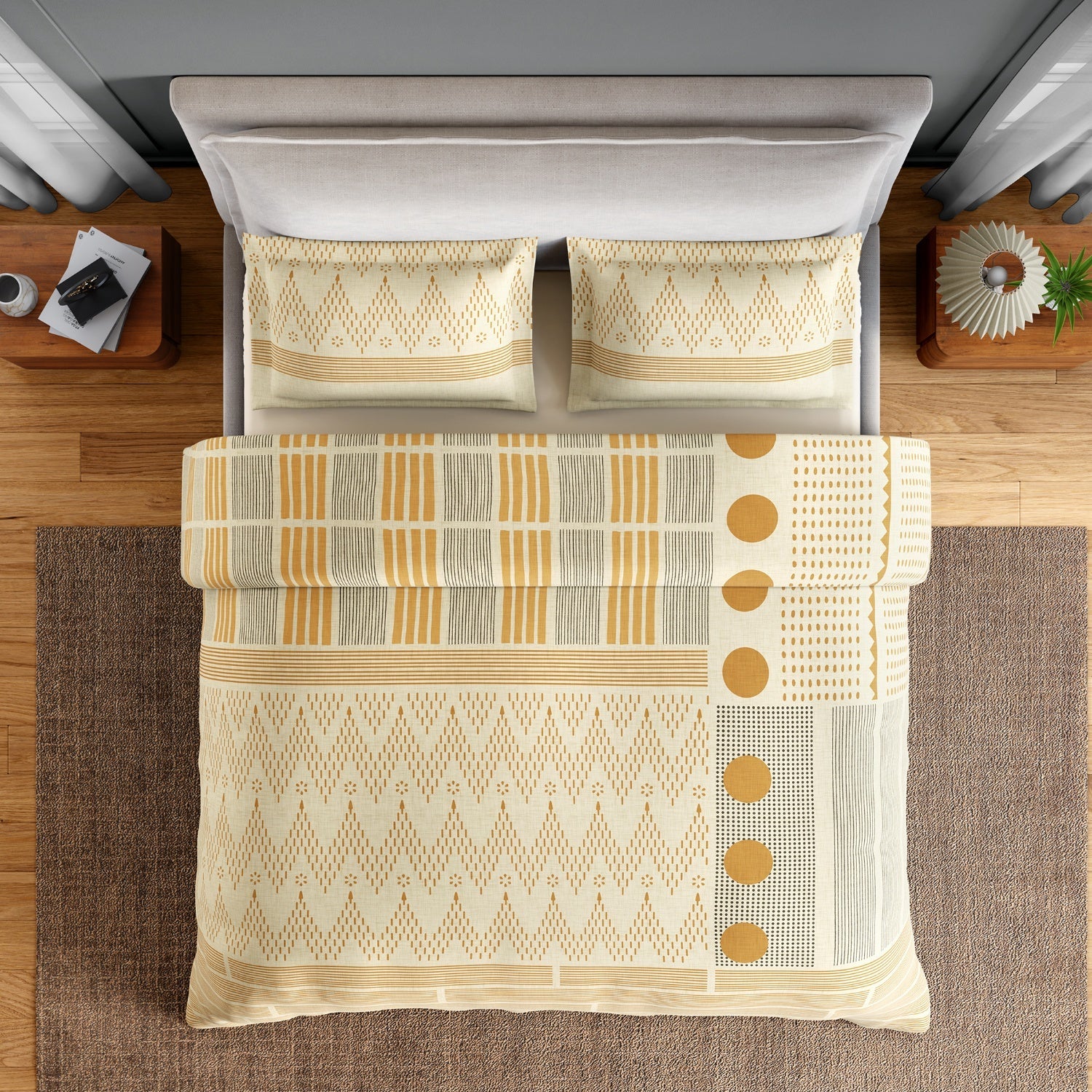 Spaces Neo Chaap 100% Cotton 152 TC Percale Geometric Large Bedsheet with 2 Pillow Covers, Yellow