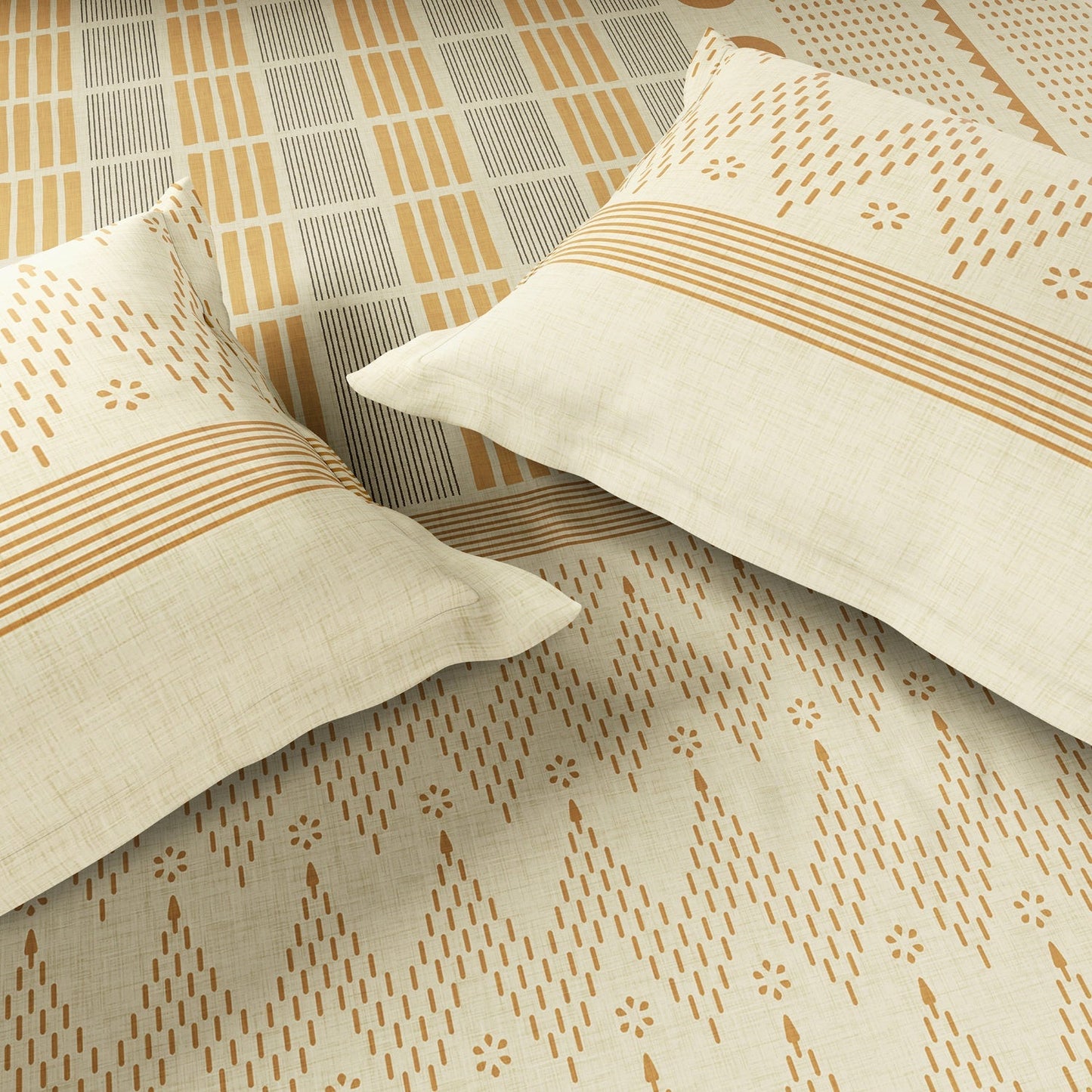 Spaces Neo Chaap 100% Cotton 152 TC Percale Geometric Large Bedsheet with 2 Pillow Covers, Yellow