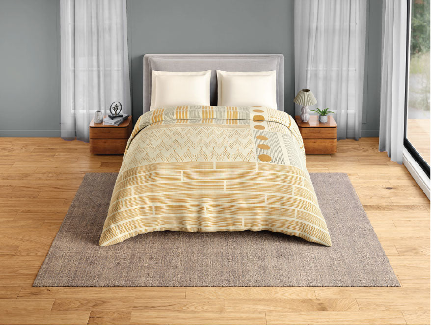 Spaces Neo Chaap 100% Cotton 152 TC Percale Geometric Premium Double Blanket Quilt, Yellow