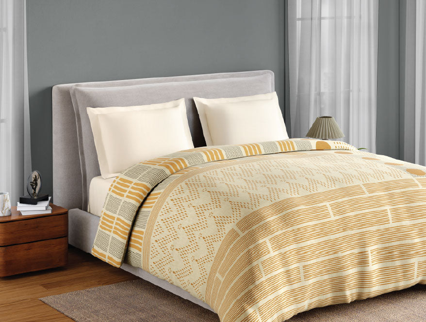 Spaces Neo Chaap 100% Cotton 152 TC Percale Geometric Premium Double Blanket Quilt, Yellow
