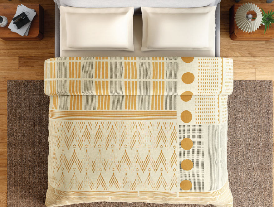 Spaces Neo Chaap 100% Cotton 152 TC Percale Geometric Premium Double Blanket Quilt, Yellow