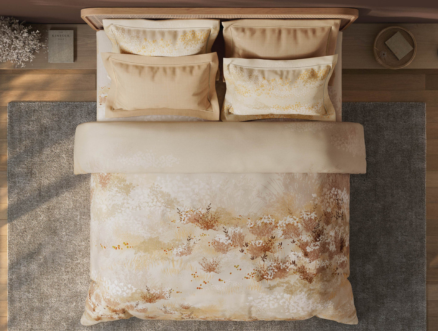 Spaces Sierra Indian Safari 100% Hygro Cotton 210 TC Sateen Floral Permium Large Bedsheet with 4 Pillow Covers, Beige