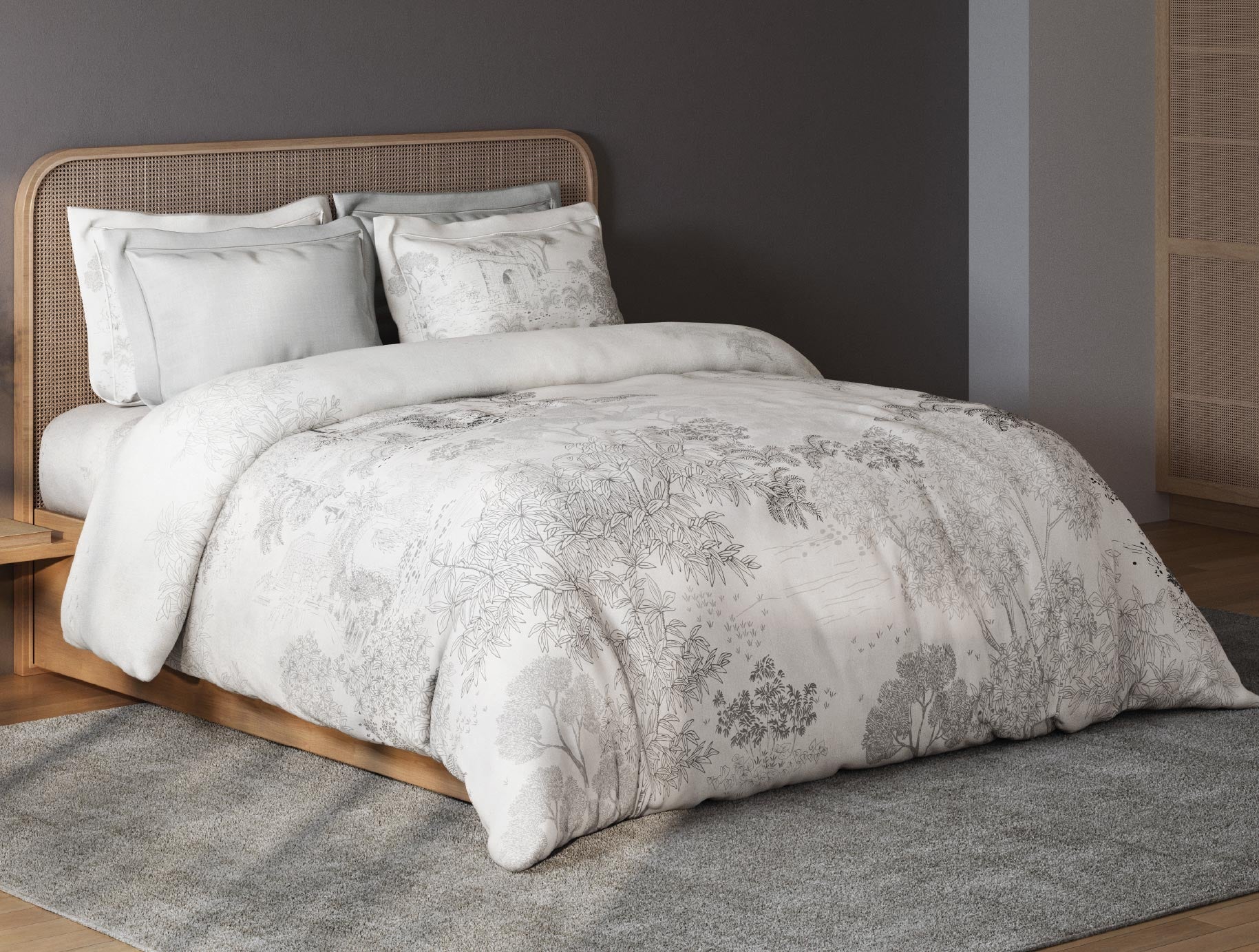 Spaces Sierra Indian Safari 100% Hygro Cotton 210 TC Sateen Floral Permium Large Bedsheet with 4 Pillow Covers, Light Grey