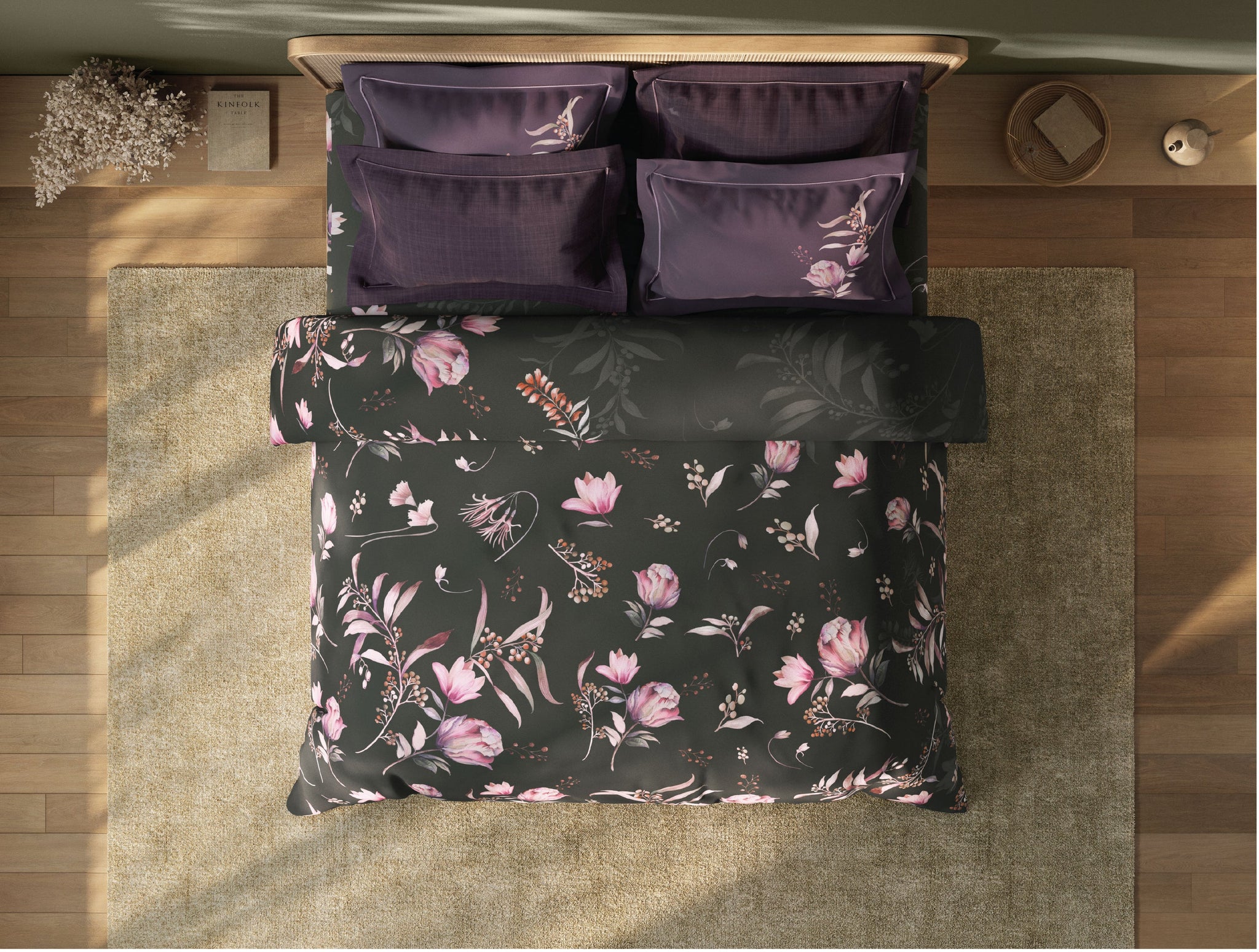 Spaces Sierra Midnight Botanica 100% Hygro Cotton 210 TC Sateen Floral Premium Large Bedsheet with 4 Pillow Covers, Dark Green