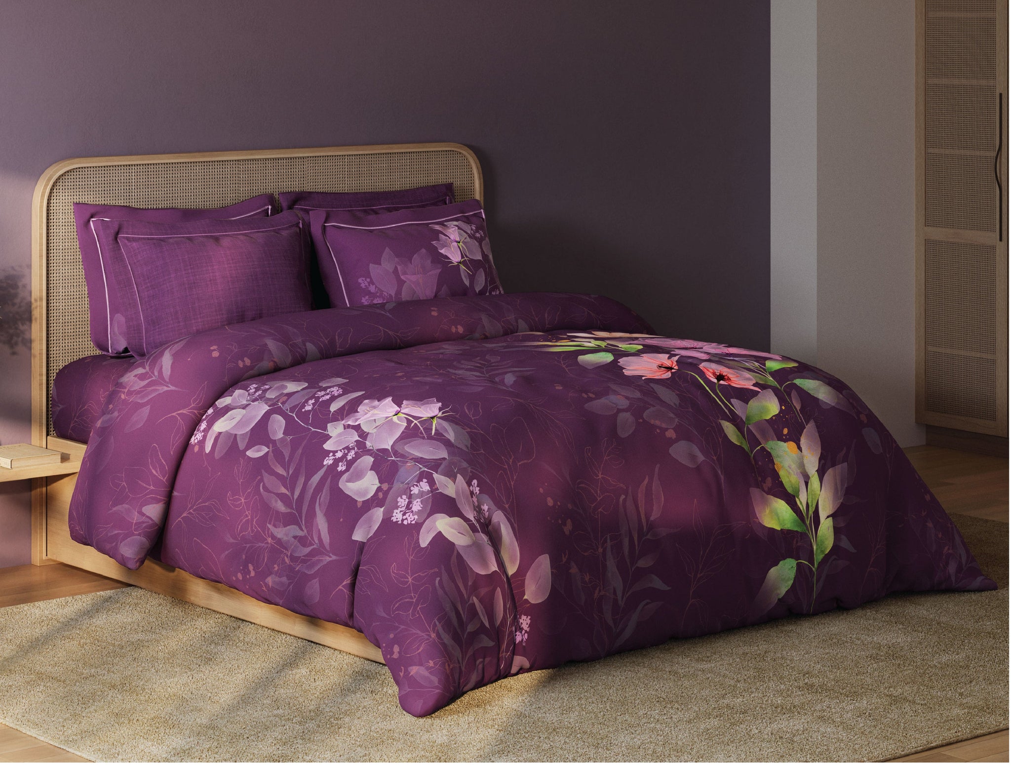 Spaces Sierra Midnight Botanica 100% Hygro Cotton 210 TC Sateen Floral Premium Large Bedsheet with 4 Pillow Covers, Dark Pink
