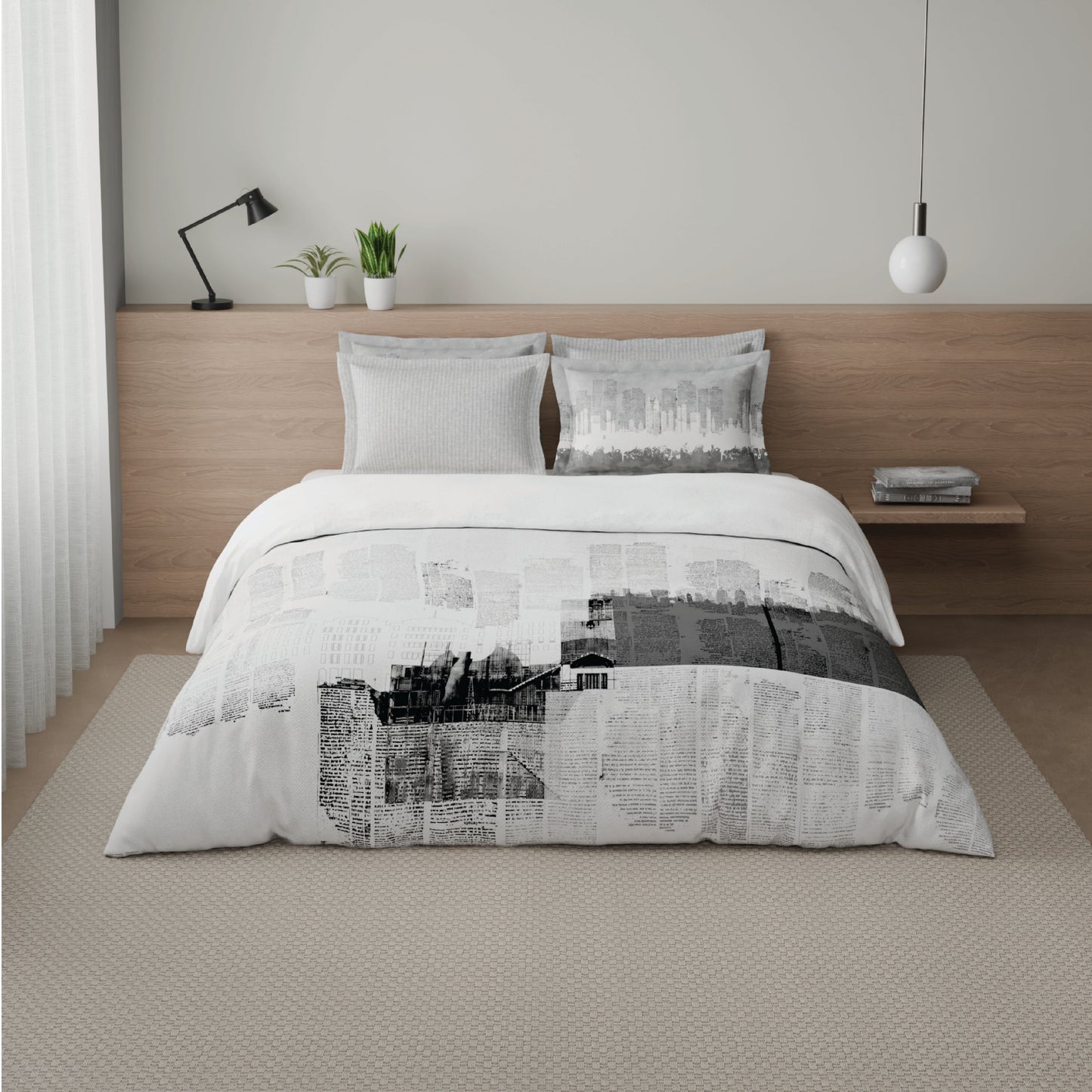 Spaces Riviera 100% Cotton 200 TC Percale Abstract Design Permium Large Bedsheet with 4 Pillow Covers, Bright White