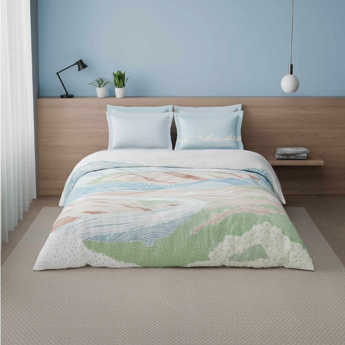Spaces Riviera 100% Cotton 200 TC Percale Abstract Design Permium Large Bedsheet with 4 Pillow Covers, Light Green