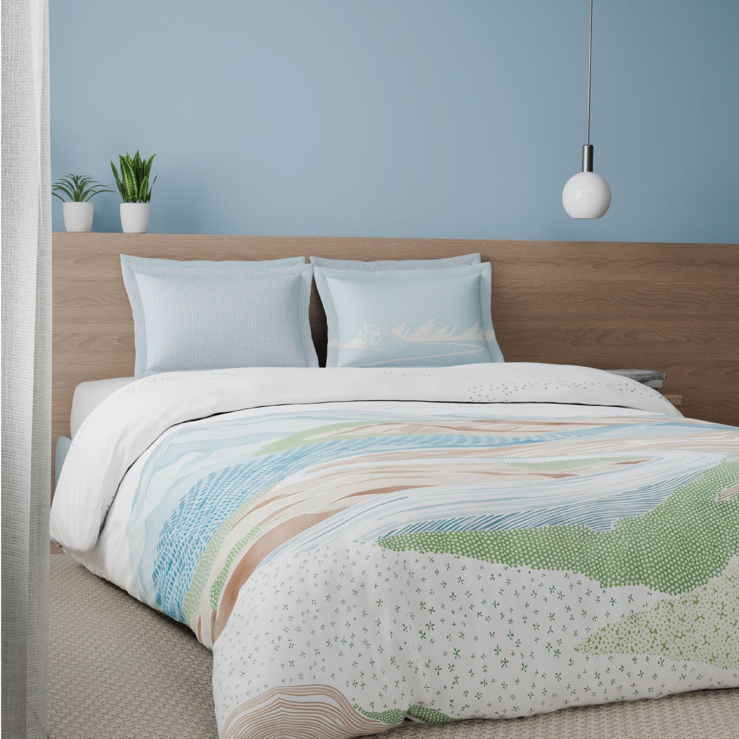 Spaces Riviera 100% Cotton 200 TC Percale Abstract Design Permium Large Bedsheet with 4 Pillow Covers, Light Green