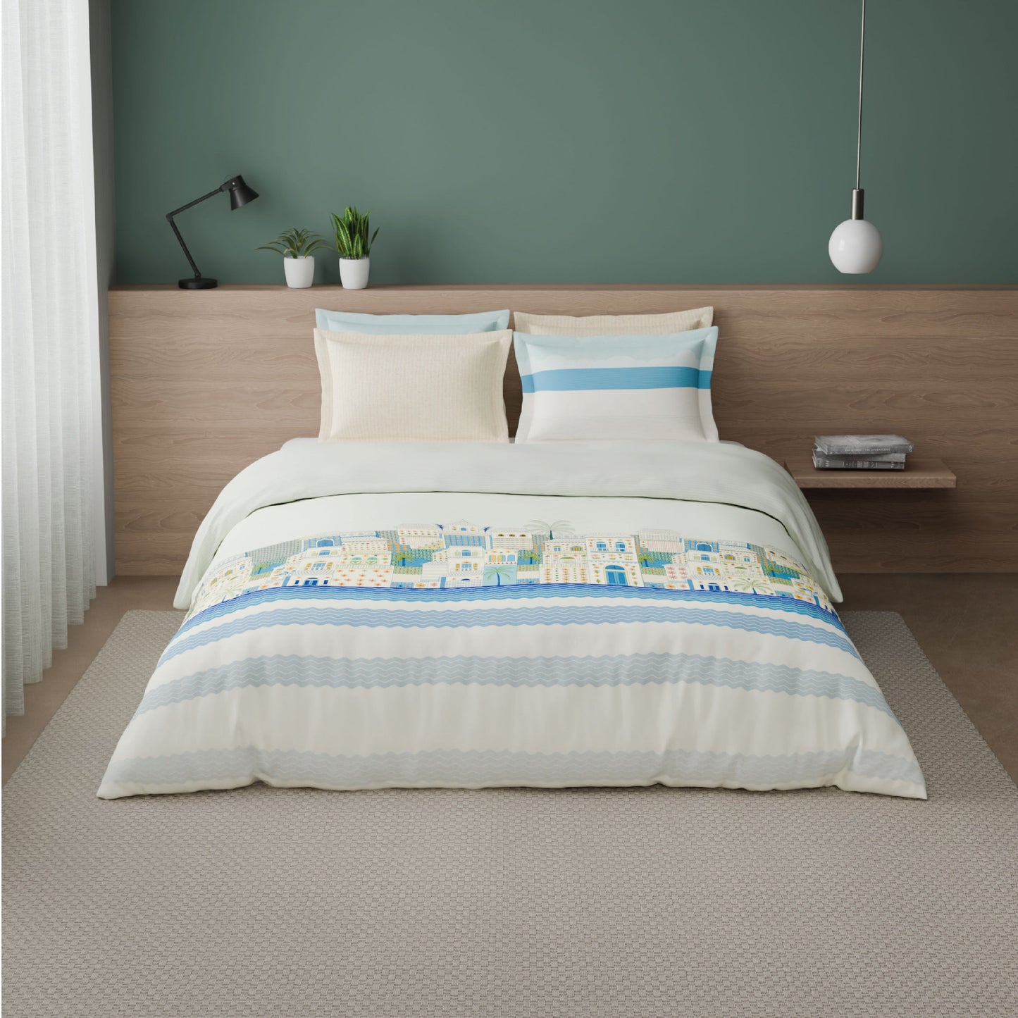 Spaces Riviera 100% Cotton 200 TC Percale Abstract Design Permium Large Bedsheet with 4 Pillow Covers, Light Blue
