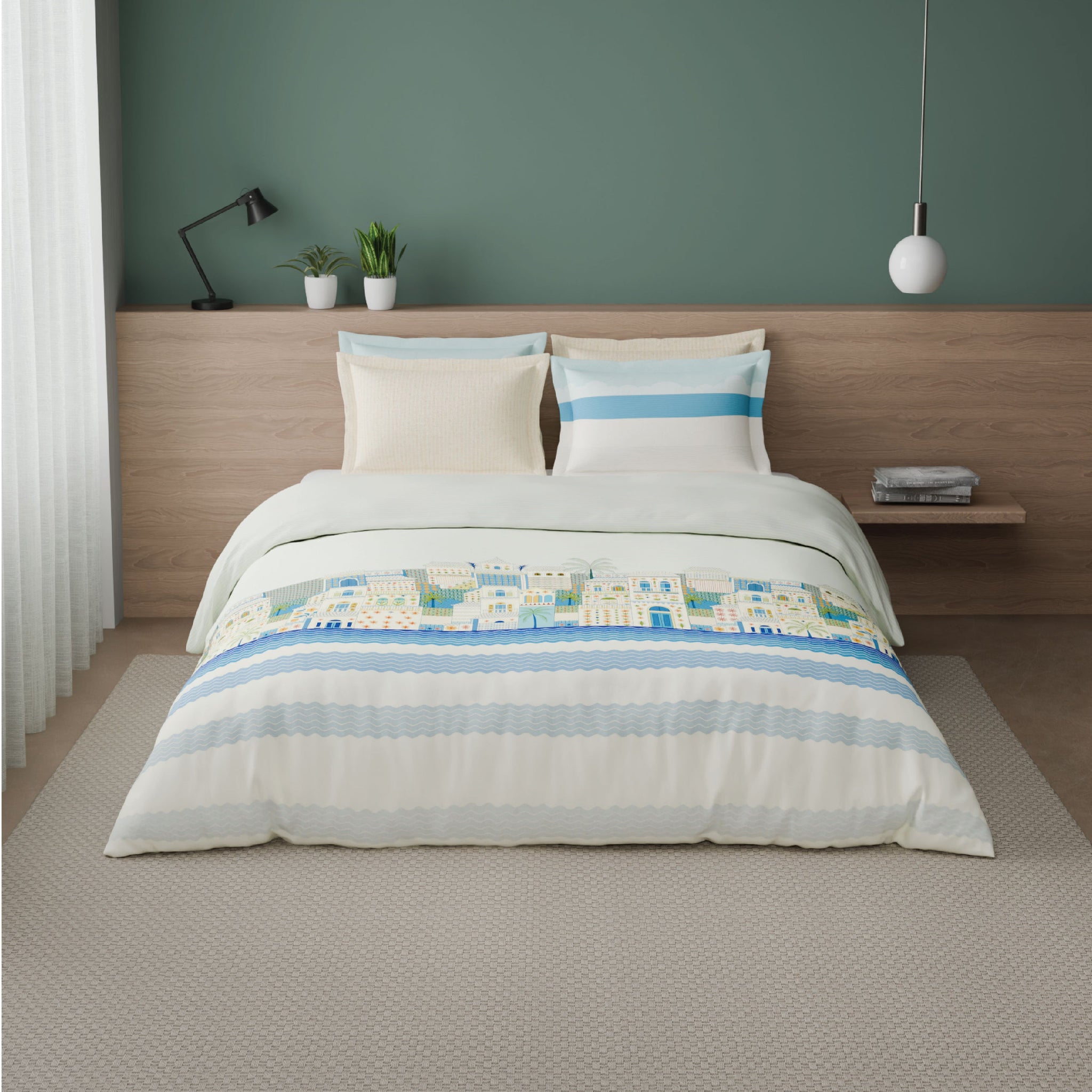 Spaces Riviera 100% Cotton 200 TC Percale Abstract Design Permium Large Bedsheet with 4 Pillow Covers, Light Blue