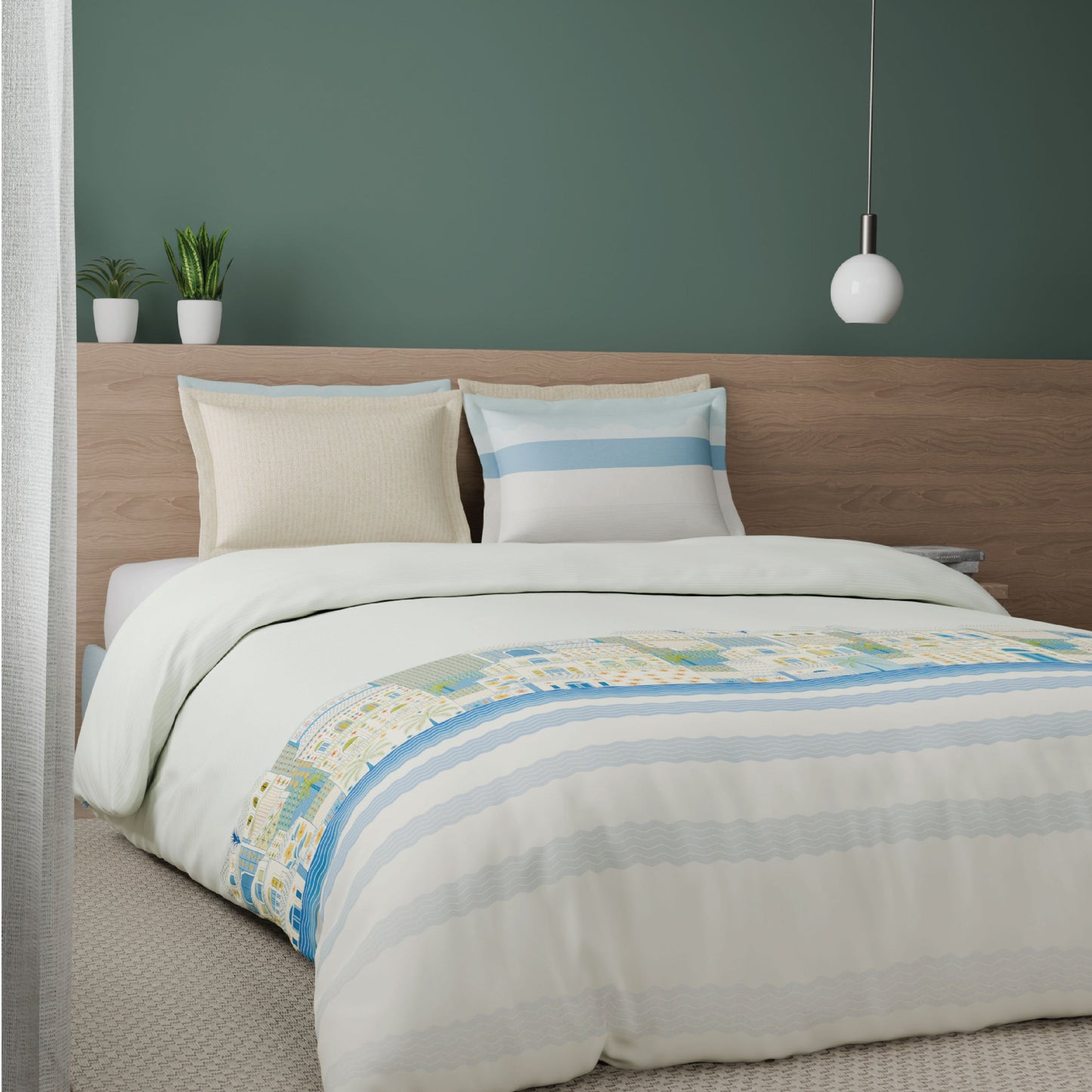 Spaces Riviera 100% Cotton 200 TC Percale Abstract Design Permium Large Bedsheet with 4 Pillow Covers, Light Blue