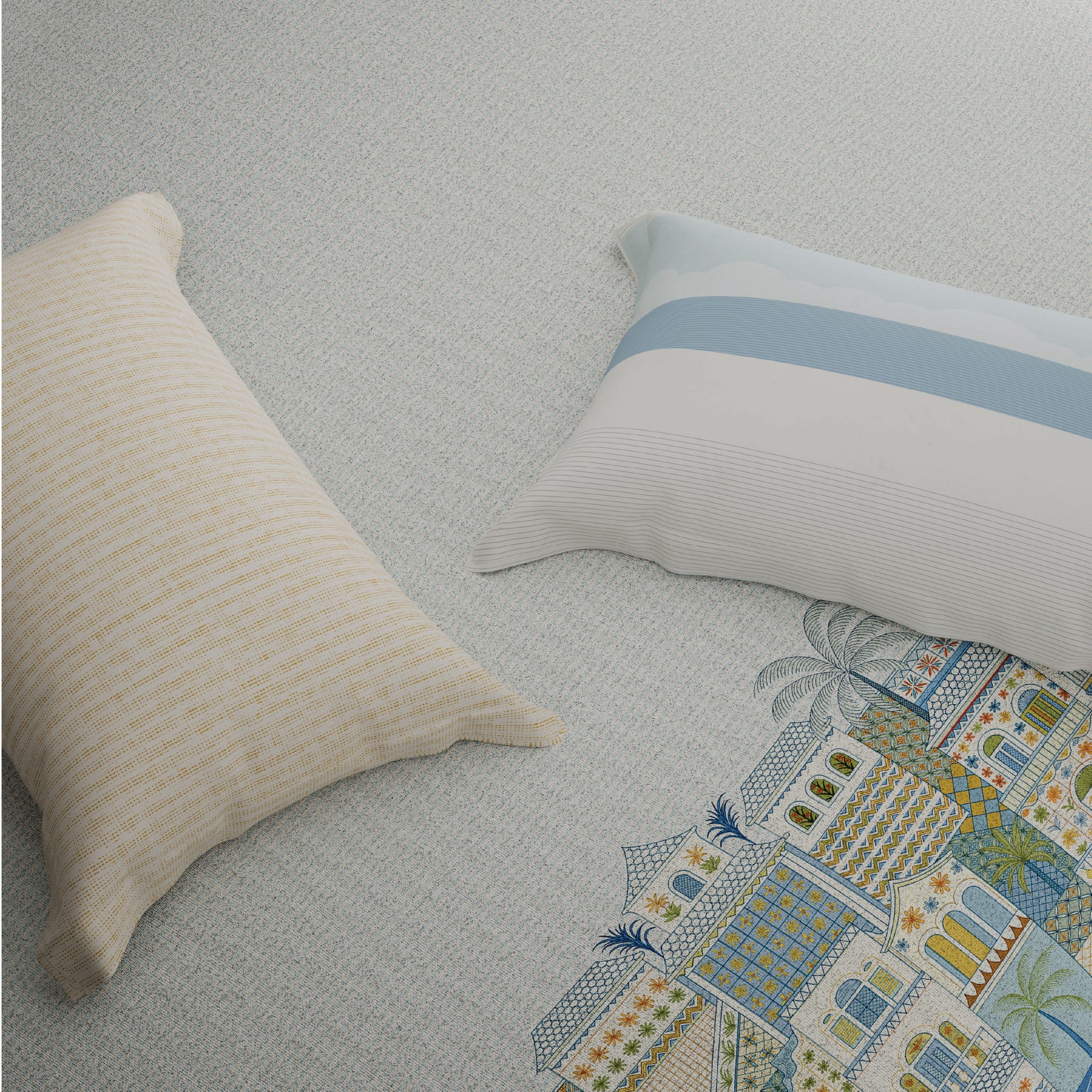 Spaces Riviera 100% Cotton 200 TC Percale Abstract Design Permium Large Bedsheet with 4 Pillow Covers, Light Blue