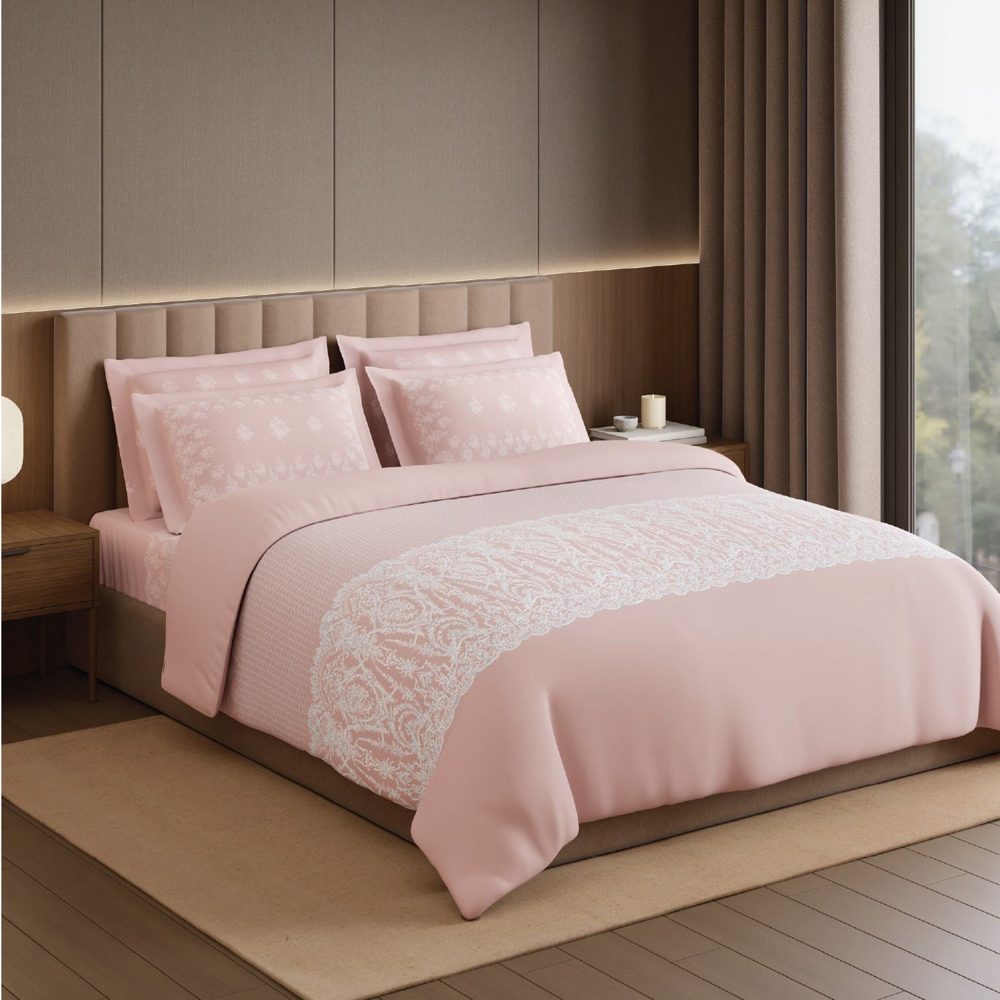 Spaces Meraki Forever Laces 100% Cotton 300 TC Sateen Ornate Design Permium Large Bedsheet with 4 Pillow Covers, Light Pink