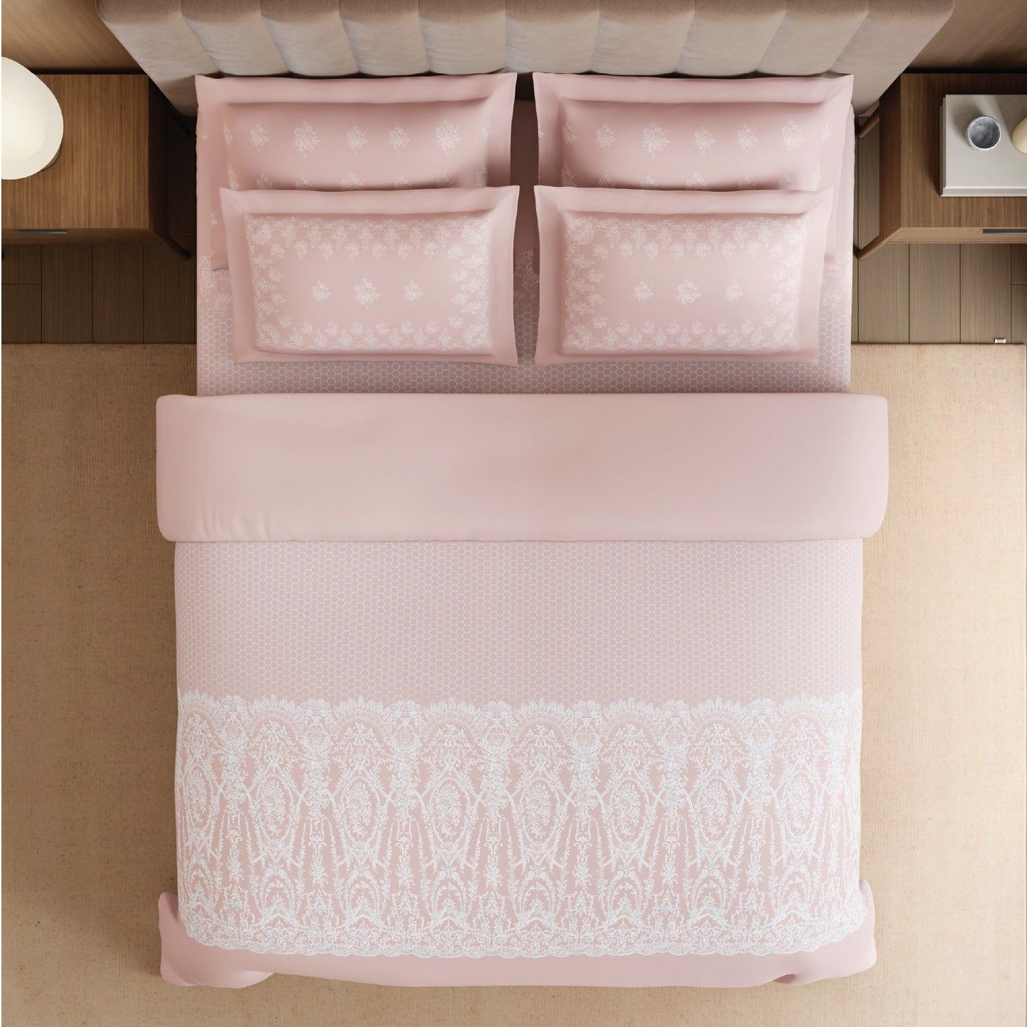 Spaces Meraki Forever Laces 100% Cotton 300 TC Sateen Ornate Design Permium Large Bedsheet with 4 Pillow Covers, Light Pink