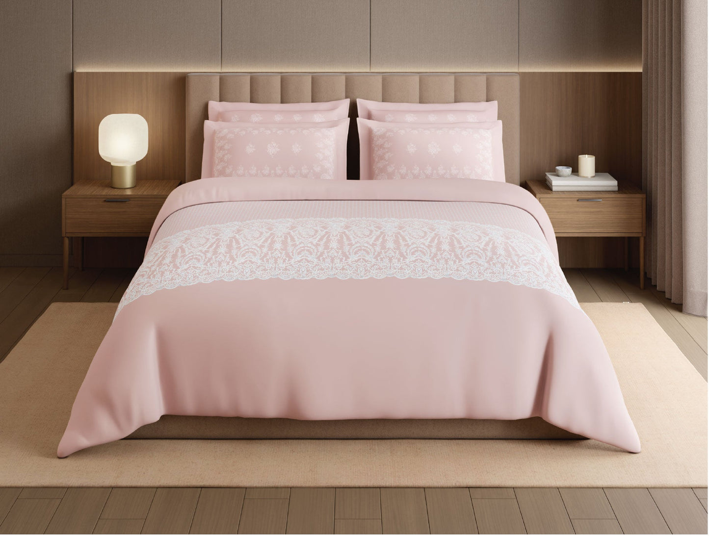 Spaces Meraki Forever Laces 100% Cotton 300 TC Sateen Ornate Design Permium Large Bedsheet with 4 Pillow Covers, Light Pink