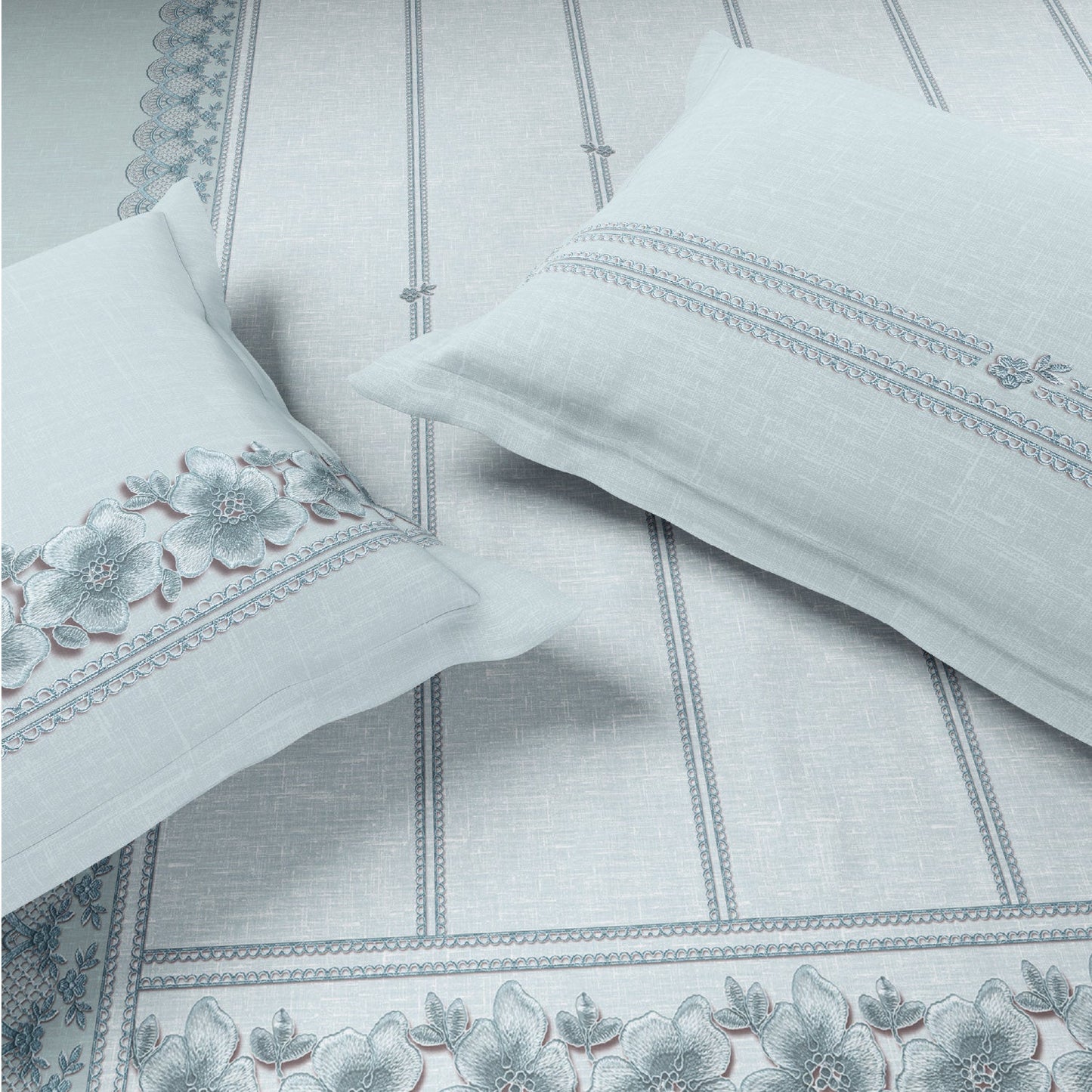 Spaces Meraki Forever Laces 100% Cotton 300 TC Sateen Ornate Design Permium Large Bedsheet with 4 Pillow Covers, Light Blue