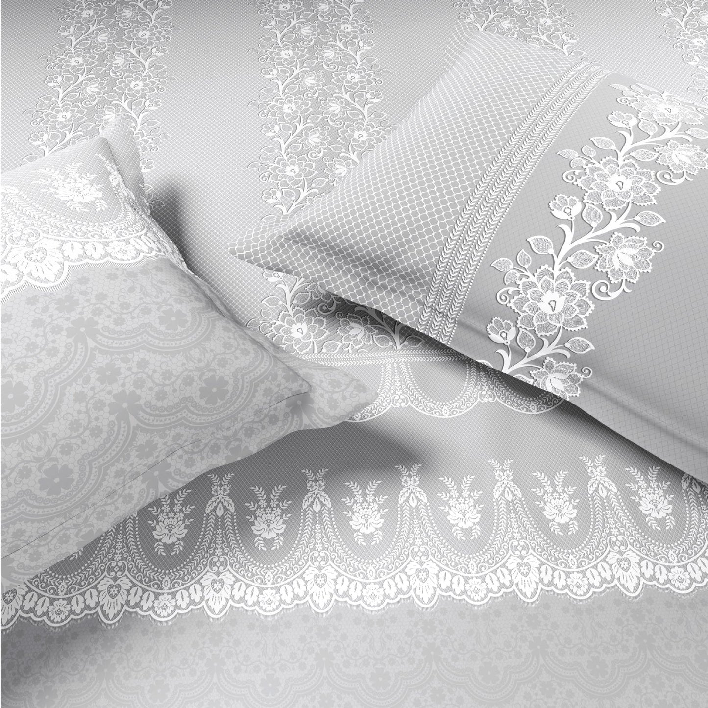 Spaces Meraki Forever Laces 100% Cotton 300 TC Sateen Ornate Design Permium Large Bedsheet with 4 Pillow Covers, Nimbus Cloud
