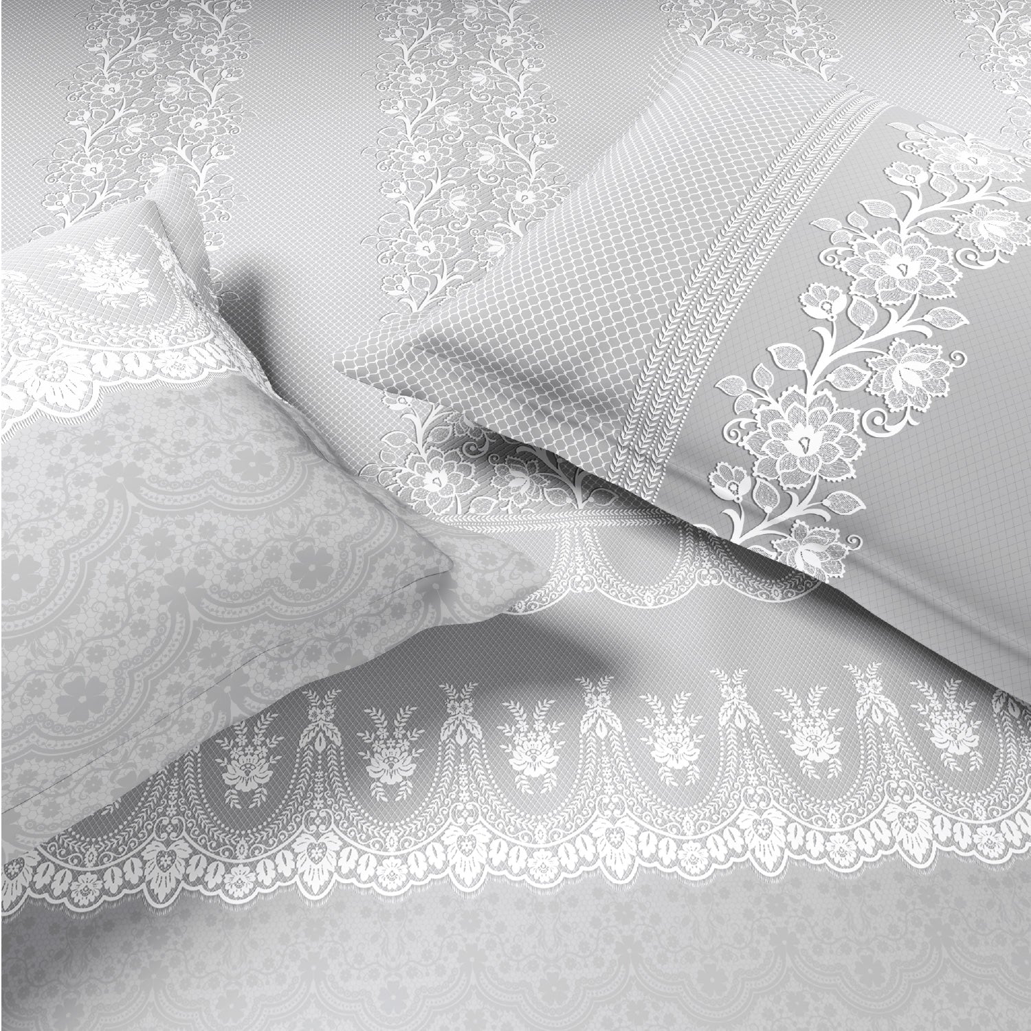 Spaces Meraki Forever Laces 100% Cotton 300 TC Sateen Ornate Design Permium Large Bedsheet with 4 Pillow Covers, Nimbus Cloud