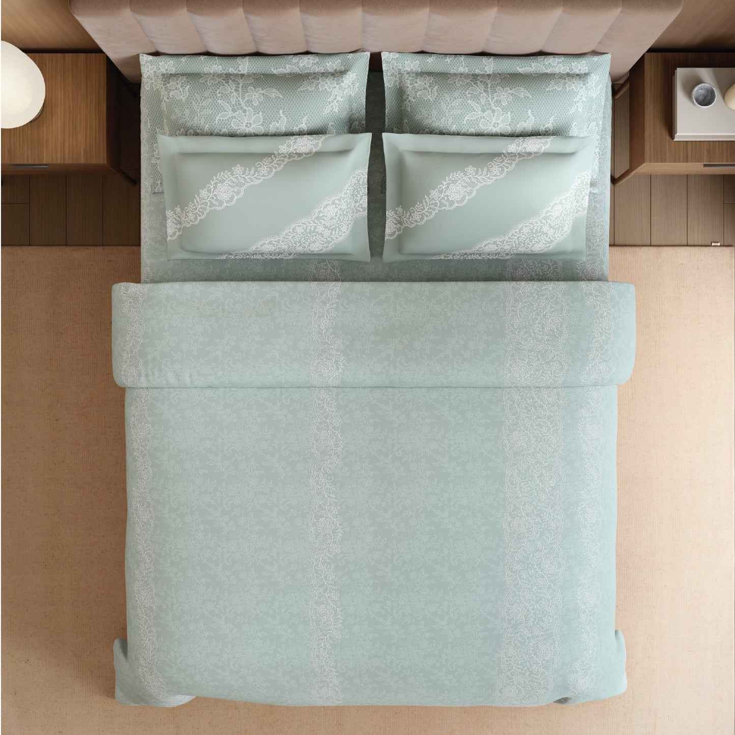 Spaces Meraki Forever Laces 100% Cotton 300 TC Sateen Ornate Design Permium Large Bedsheet with 4 Pillow Covers, Light Grey