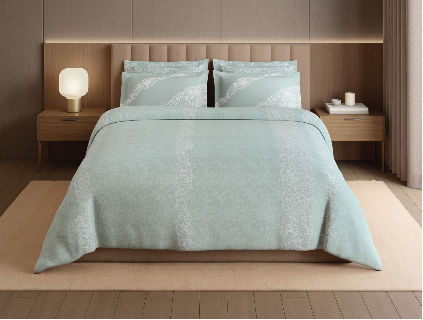 Spaces Meraki Forever Laces 100% Cotton 300 TC Sateen Ornate Design Permium Large Bedsheet with 4 Pillow Covers, Light Grey