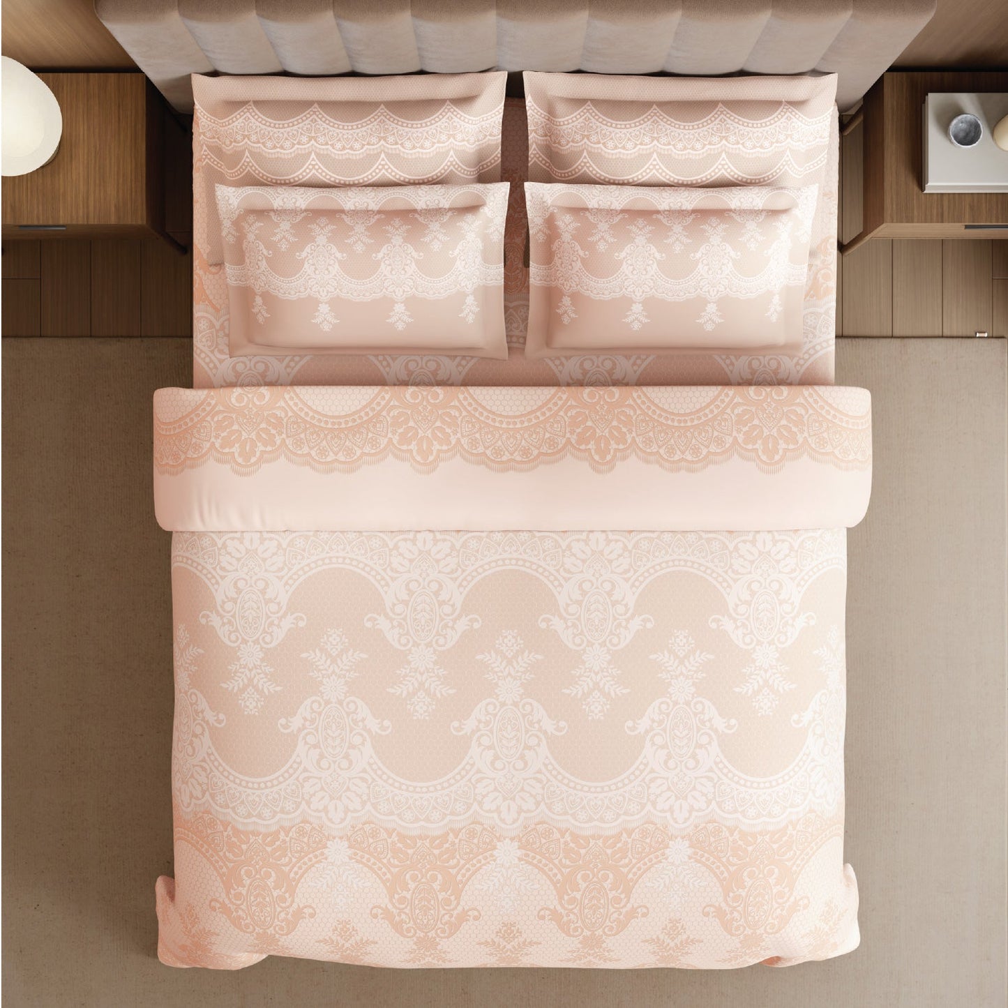 Spaces Meraki Forever Laces 100% Cotton 300 TC Sateen Ornate Design Permium Large Bedsheet with 4 Pillow Covers, Light Blush