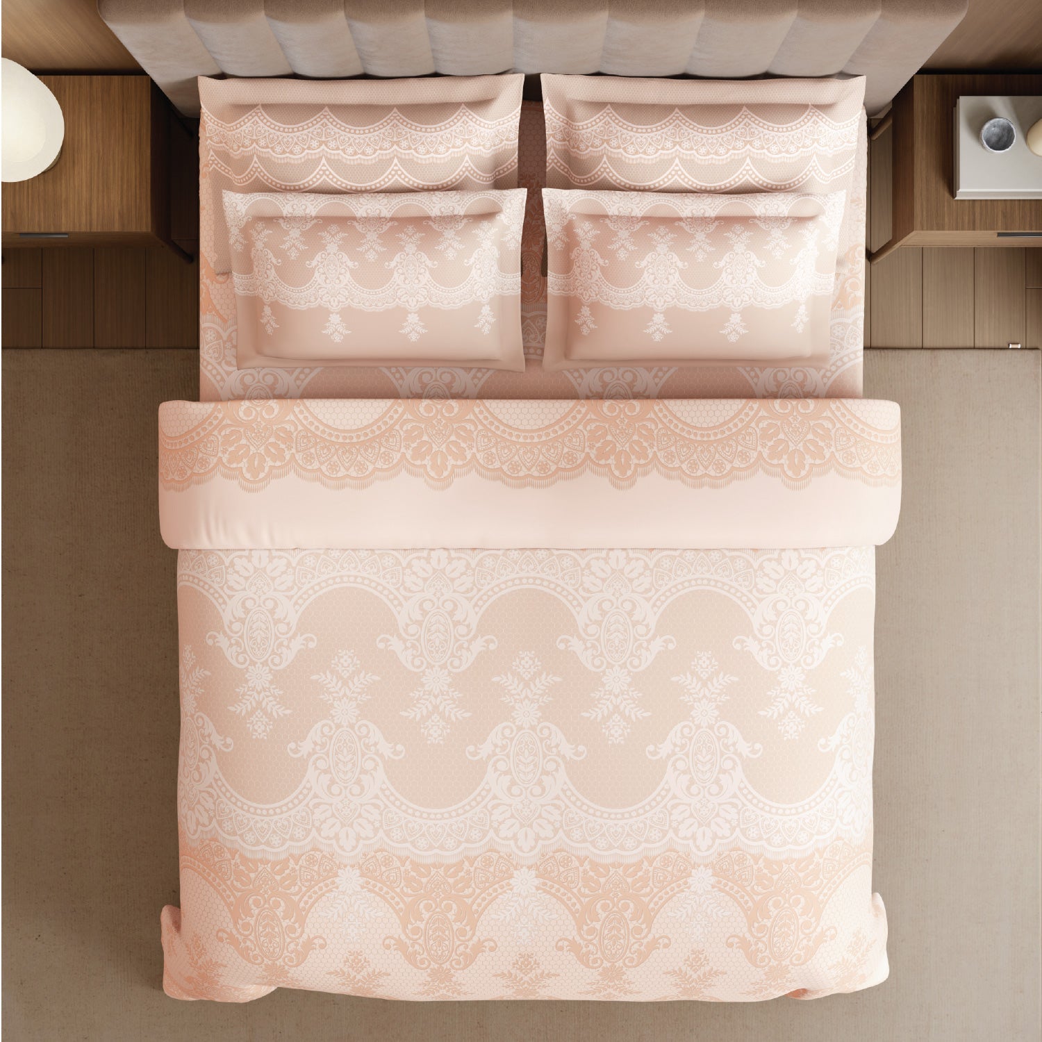 Spaces Meraki Forever Laces 100% Cotton 300 TC Sateen Ornate Design Permium Large Bedsheet with 4 Pillow Covers, Light Blush