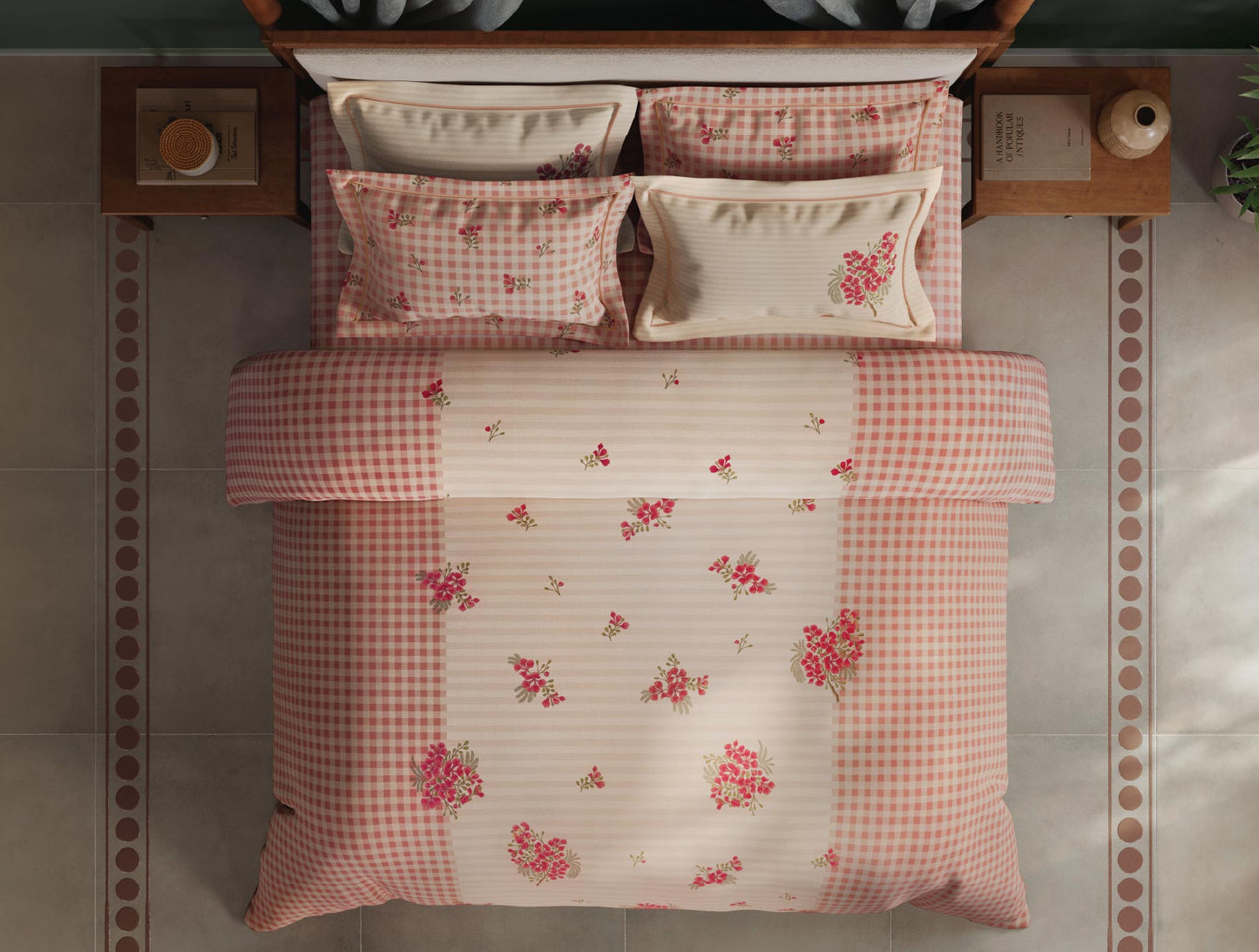 Spaces Meraki Blooms of India 100% Cotton 300 TC Sateen Floral Print Permium Large Bedsheet with 4 Pillow Covers, Light Taupe