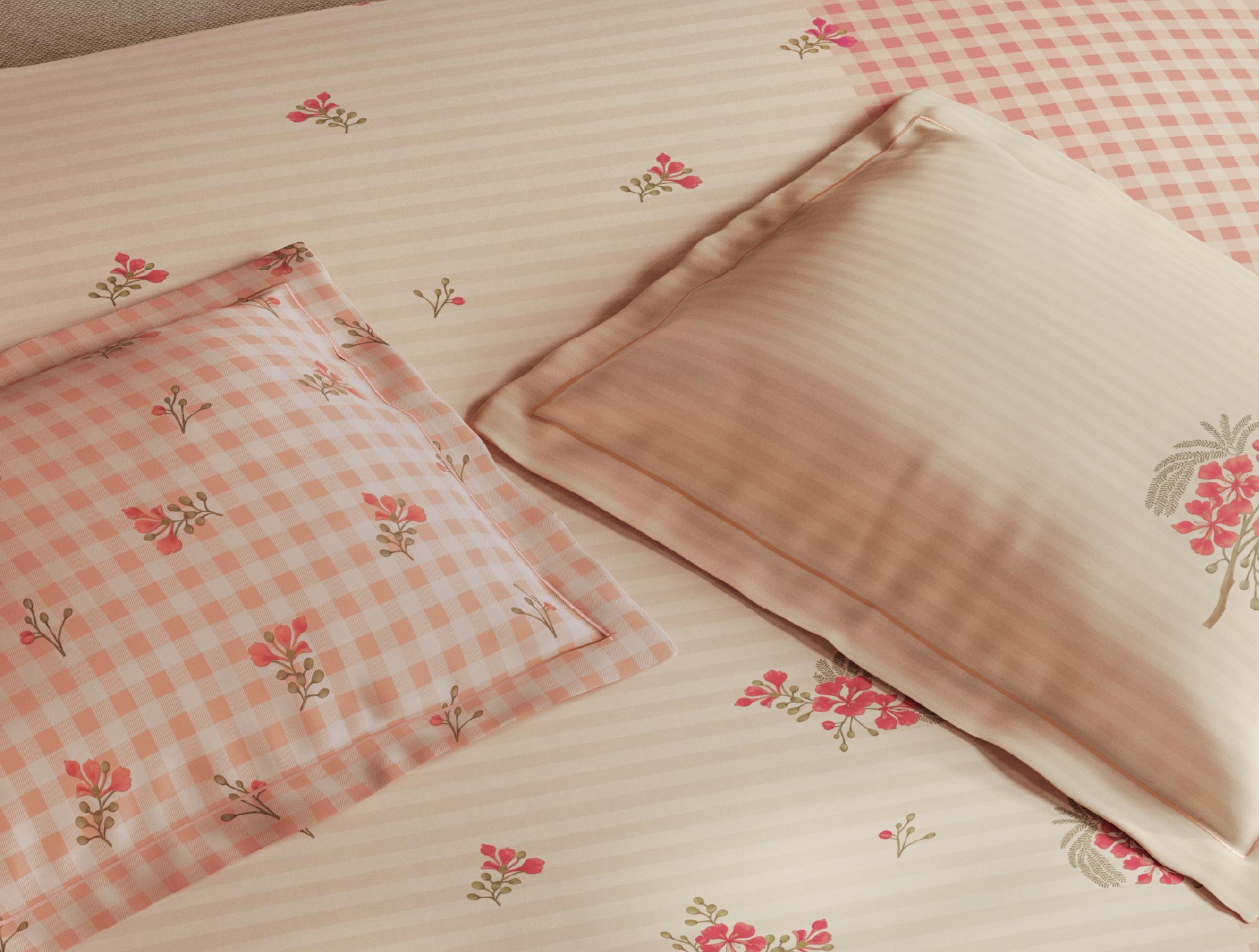 Spaces Meraki Blooms of India 100% Cotton 300 TC Sateen Floral Print Permium Large Bedsheet with 4 Pillow Covers, Light Taupe