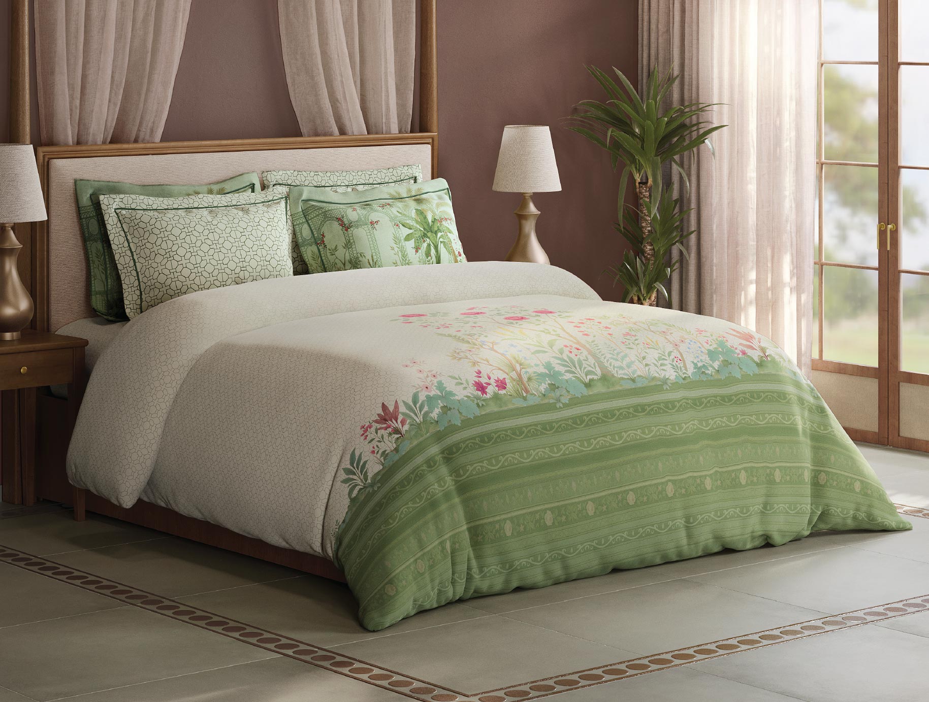 Spaces Meraki Blooms of India 100% Cotton 300 TC Sateen Floral Print Permium Large Bedsheet with 4 Pillow Covers, Star White