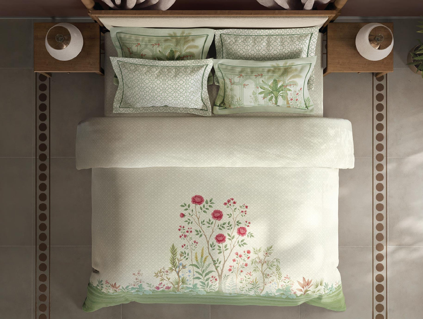 Spaces Meraki Blooms of India 100% Cotton 300 TC Sateen Floral Print Permium Large Bedsheet with 4 Pillow Covers, Star White