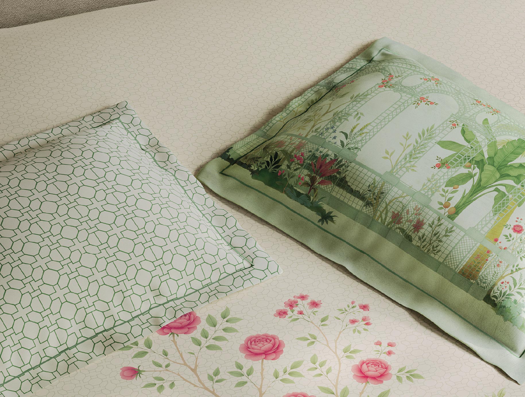 Spaces Meraki Blooms of India 100% Cotton 300 TC Sateen Floral Print Permium Large Bedsheet with 4 Pillow Covers, Star White