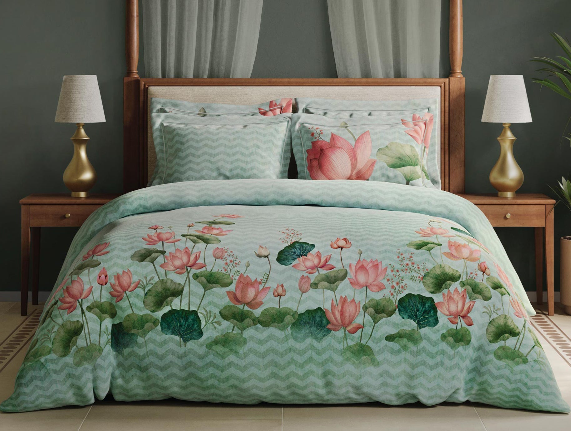 Spaces Meraki Blooms of India 100% Cotton 300 TC Sateen Floral Print Permium Large Bedsheet with 4 Pillow Covers, Light Aqua